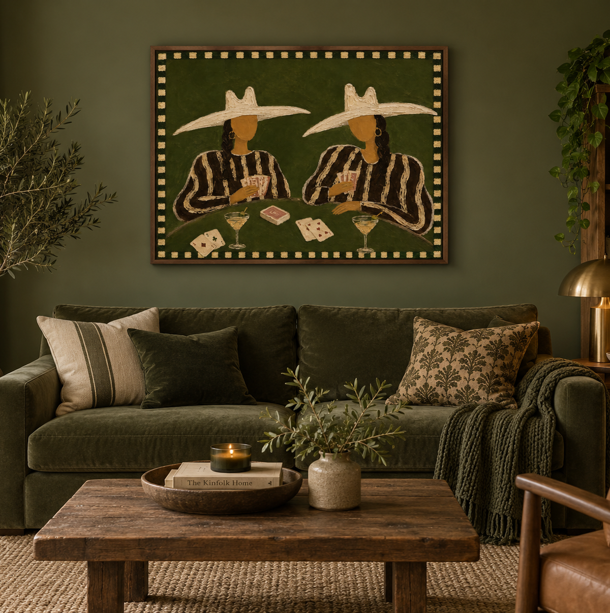 Cowgirl Poker Painting, Western Casino Wall Art With Cocktails, Dark Green Game Room Decor