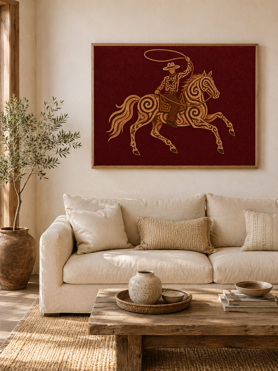 Red Cowboy Horse Oil Painting, Burgundy Western Wall Art, Lasso Rodeo Ranch Decor