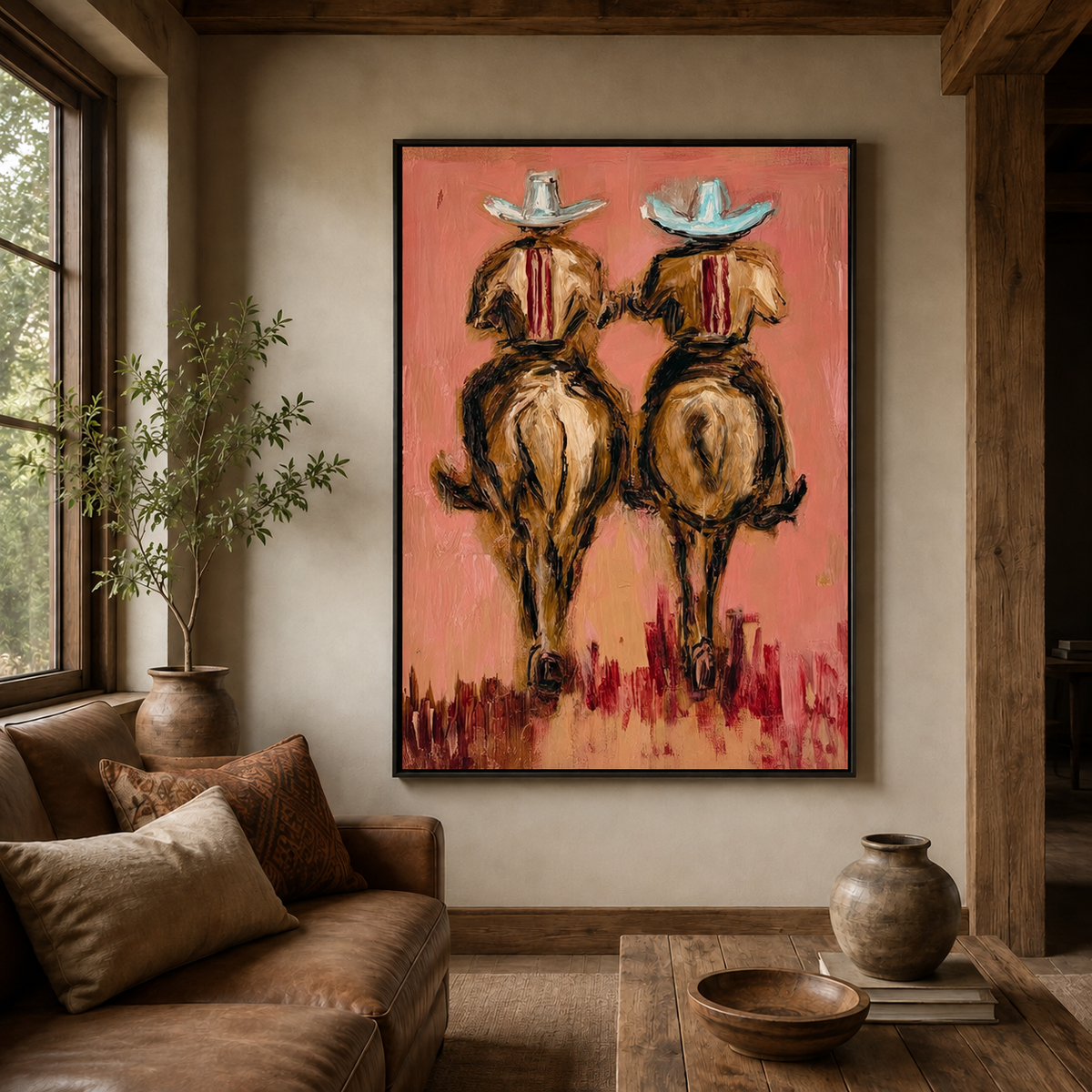 Horseback Riding Wall Art Western Riders On Horseback Hand-Painted Oil Painting | Rustic Wall Art