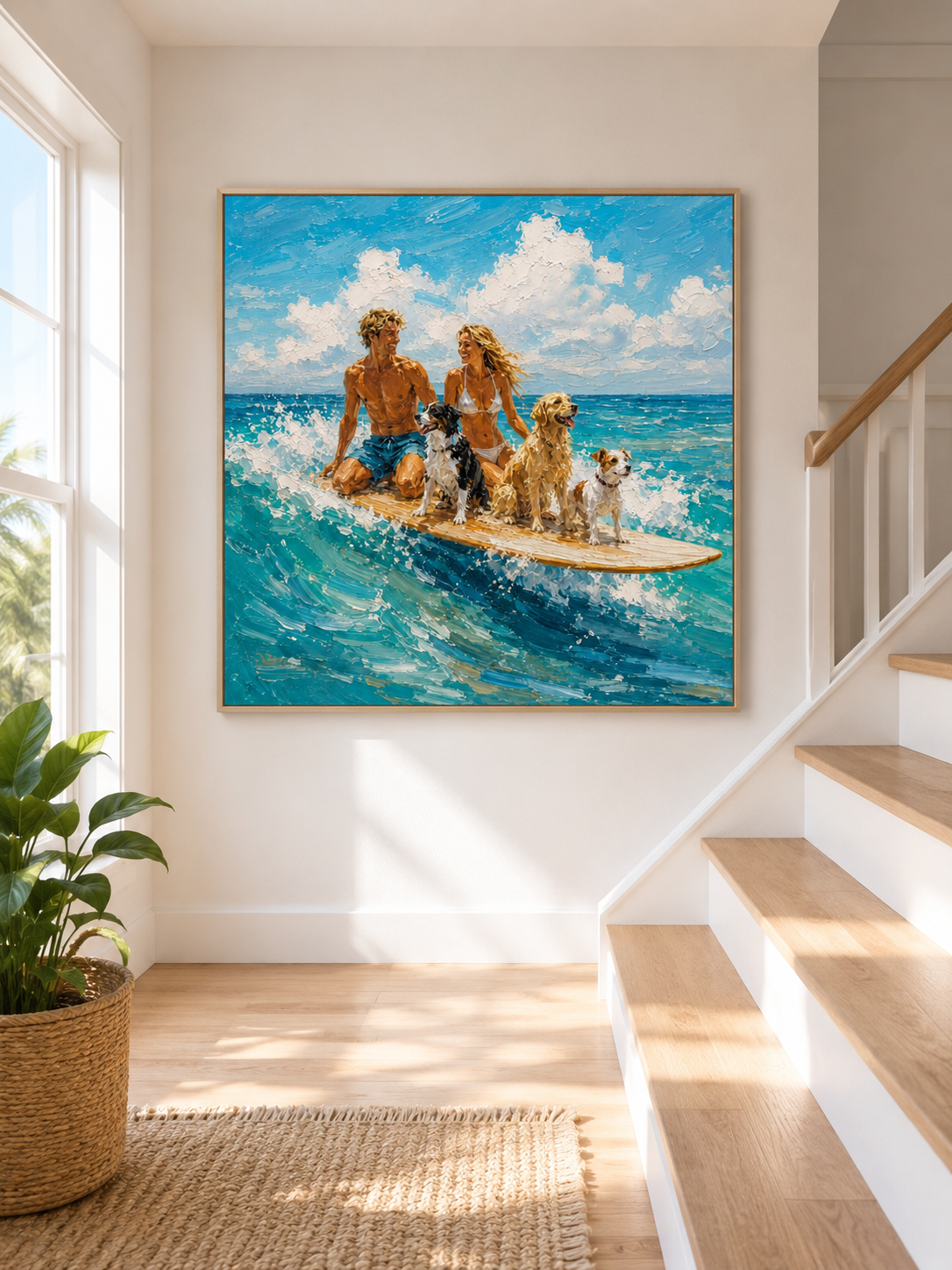 Summer Beach Wall Art Modern Textured Beach Painting With Dogs And Couple For Coastal Living Room Decor