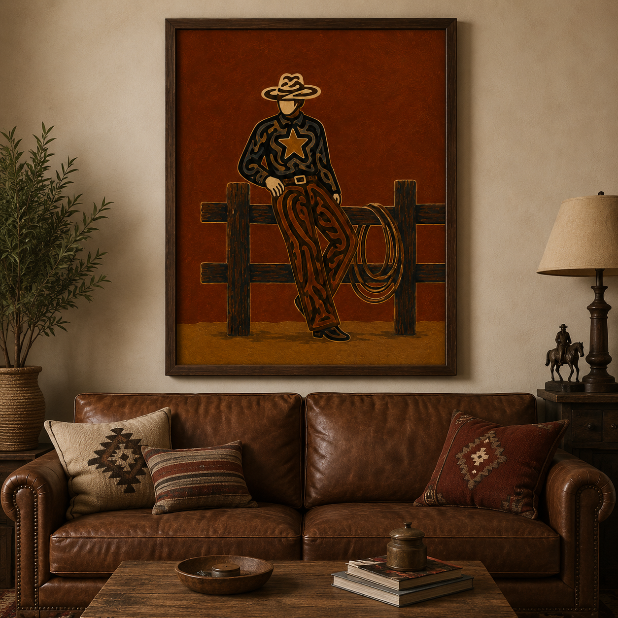 Vintage Cowboy Painting, Western Ranch Wall Art, Rustic Southwestern Rodeo Home Decor