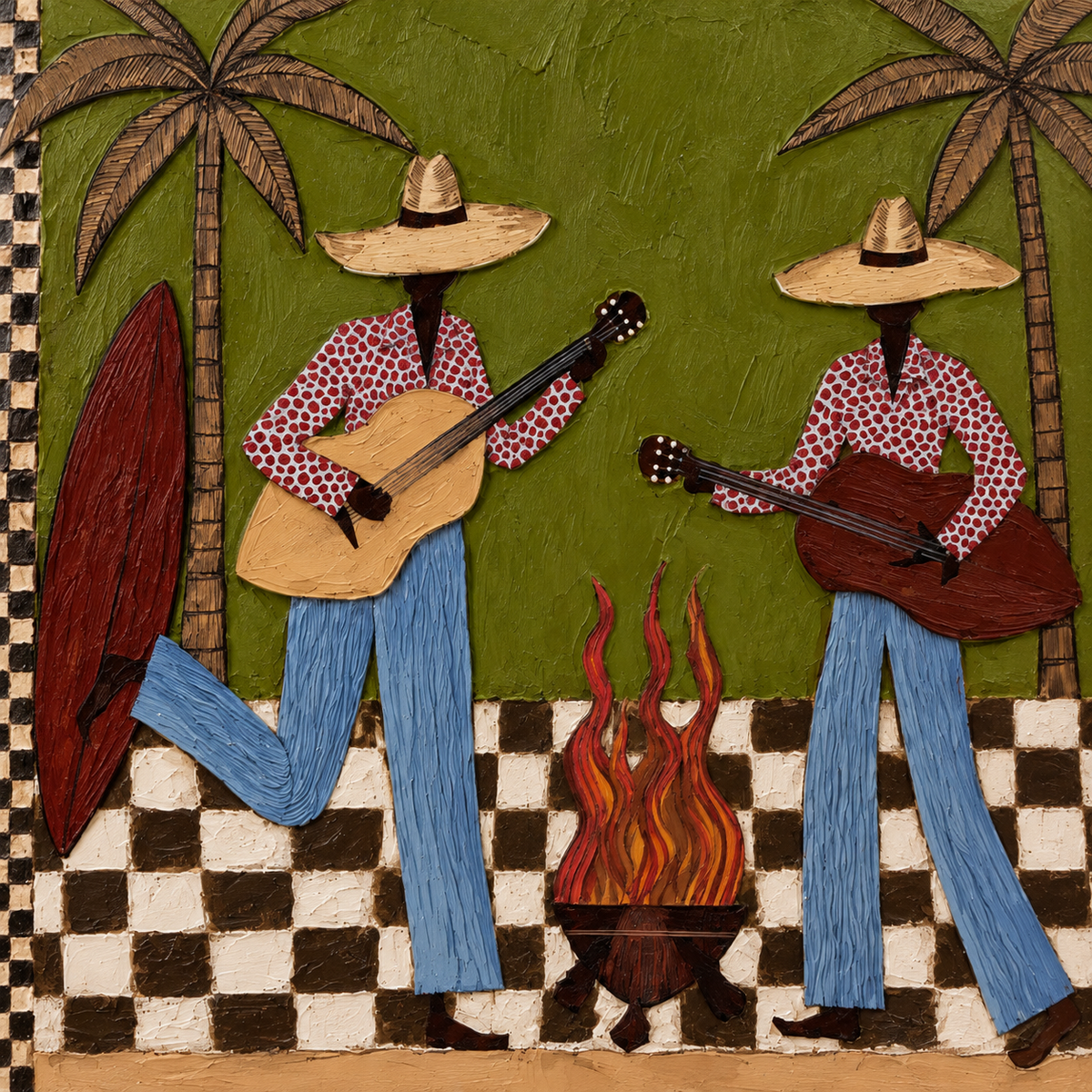 Cowgirl Guitar Painting, Retro Western Music Wall Art With Palm Trees, Olive Green Southwest Decor