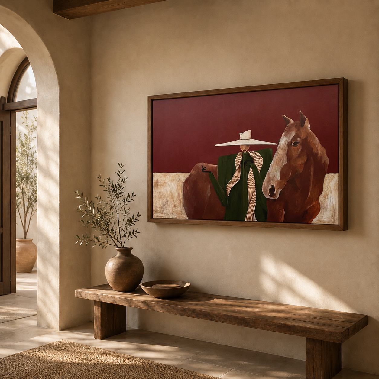 Vintage Woman And Horse Painting With Hat Earthy Tones Square Canvas Wall Art For Living Room
