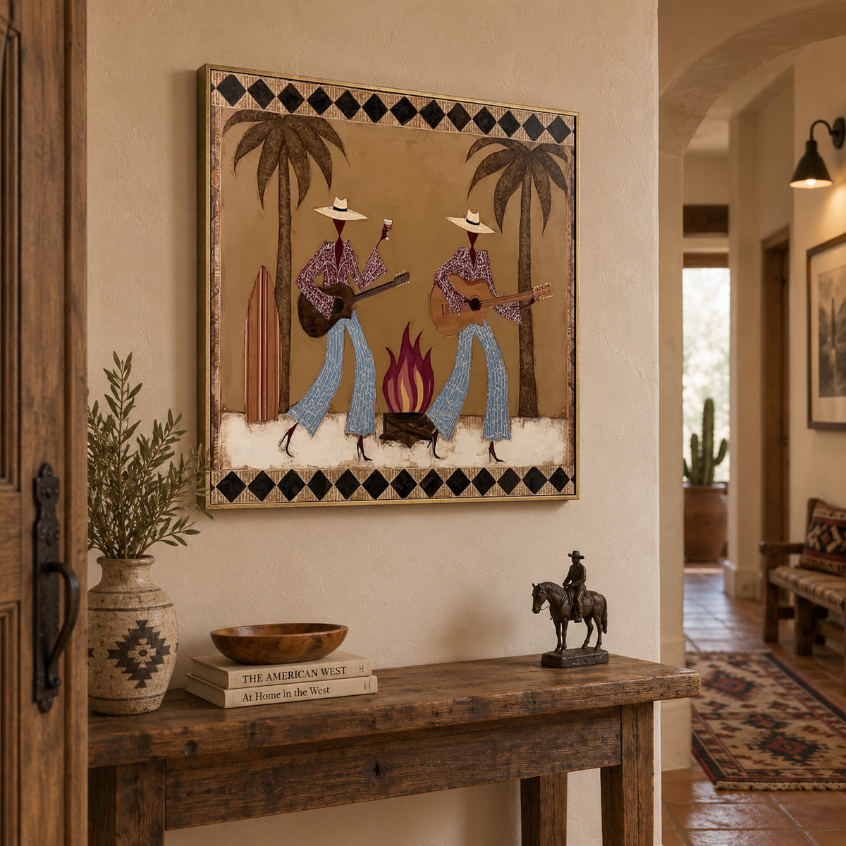 Cowgirl Guitar And Wine Painting, Retro Western Bar Wall Art, Southwest Music Decor
