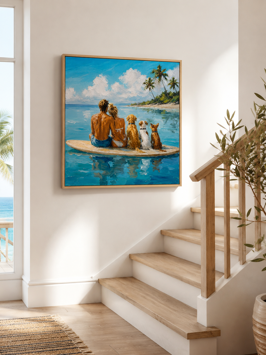 Summer Seascape Artwork Romantic Beach Painting With Dogs On Surfboard For Living Room Decor