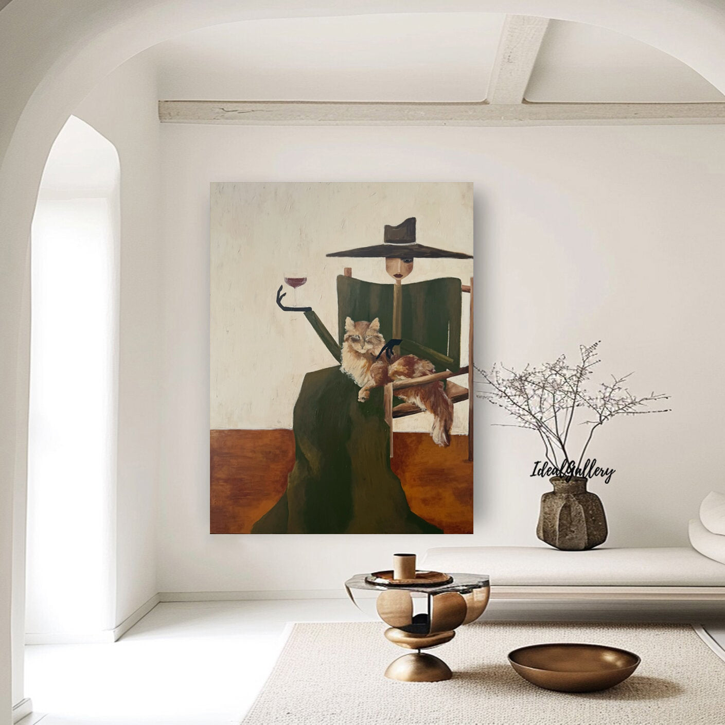 Hand-Painted Woman & Cat Oil Painting | Modern Minimalist Wall Art