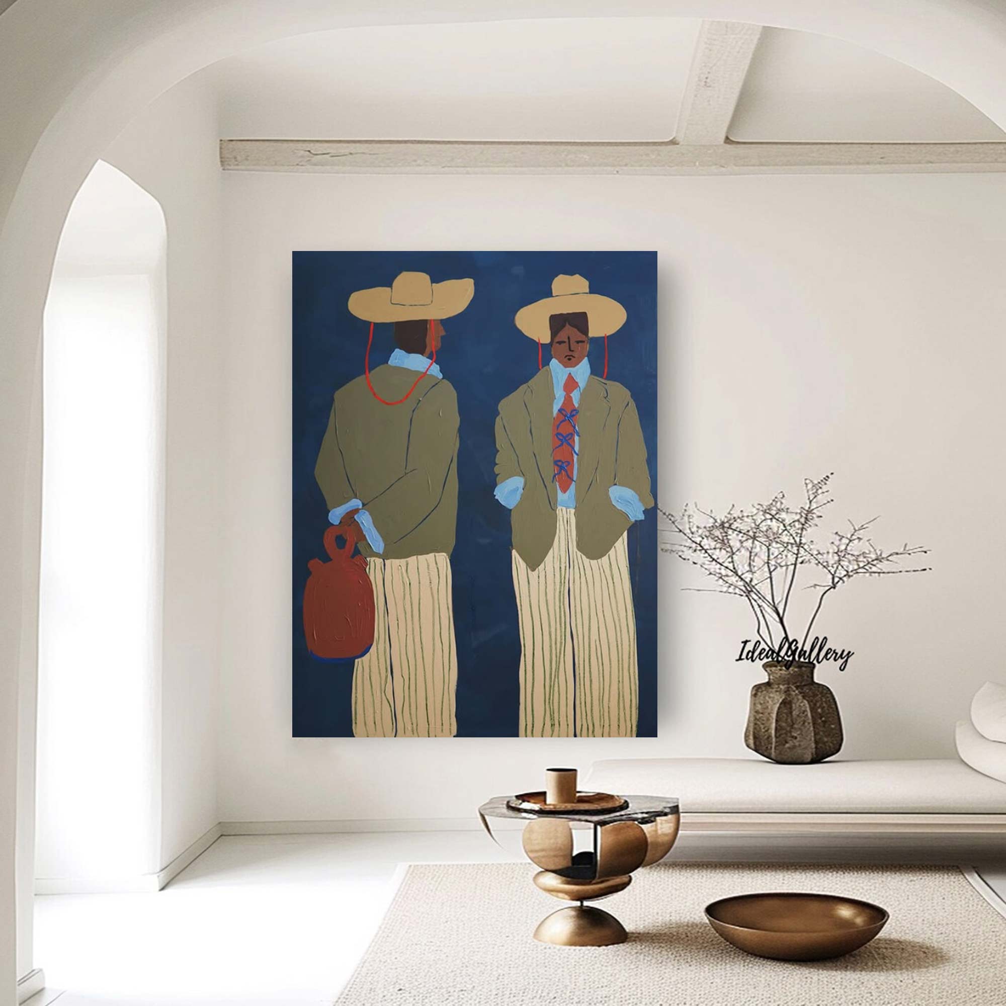 contemporary folk style male figure duo art Vintage Fashion Art Painting