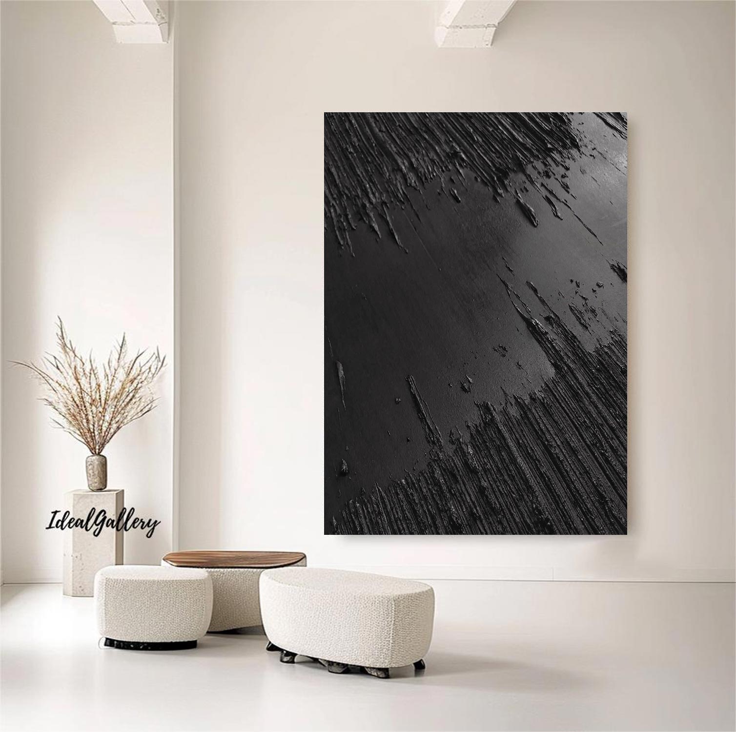 Large Black Abstract Painting Black wall art Black plaster art Black textured wall art