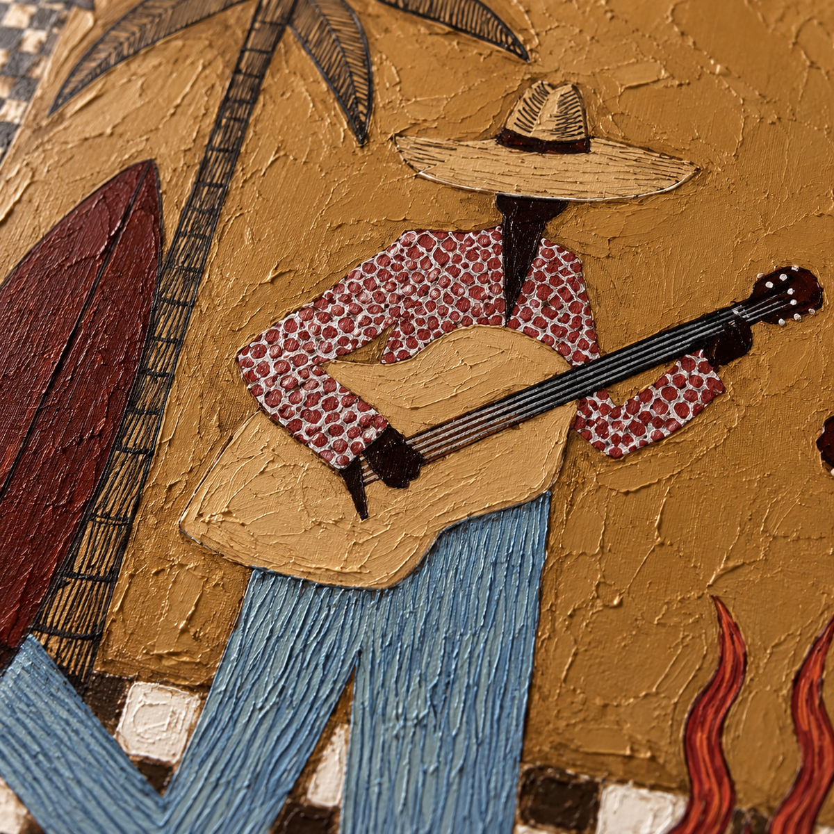 Retro Cowgirl Guitar Painting, Western Music Wall Art,checkerboard Western Art