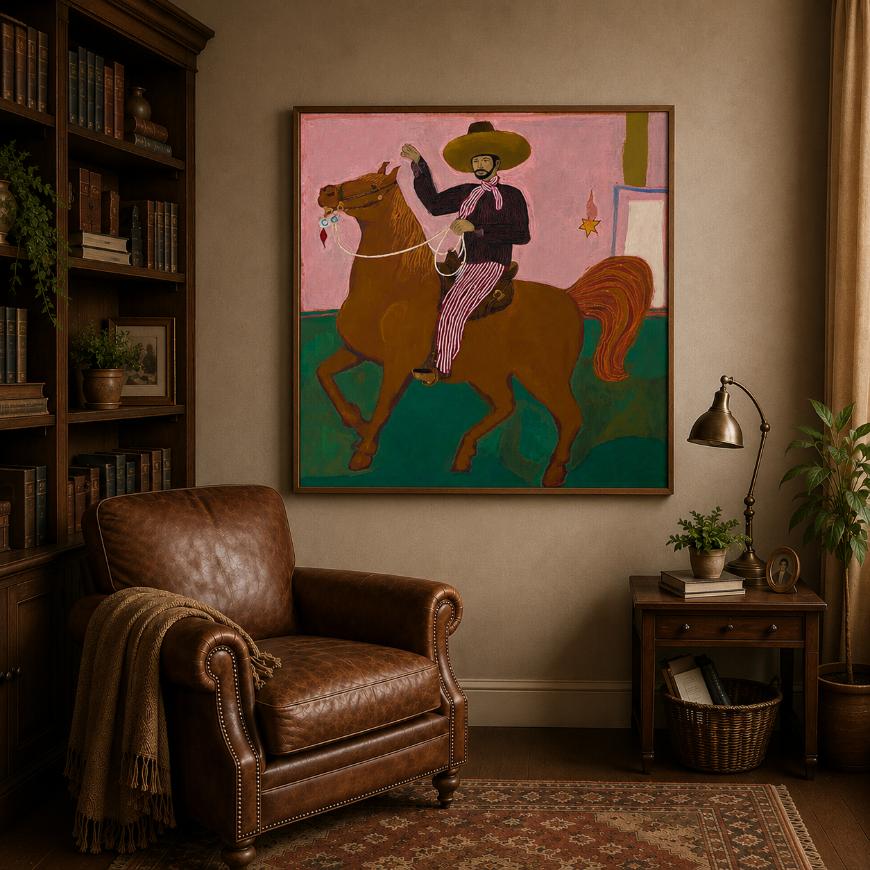 Vintage Southwestern Cowboy Horse Painting Original Folk Art Canvas For Living Room Decor