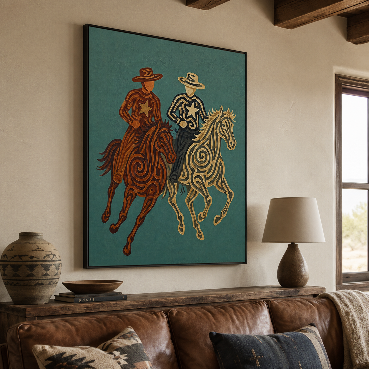 Rustic Cowboy Horse Painting, Teal Western Riders Wall Art, Southwestern Folk Decor