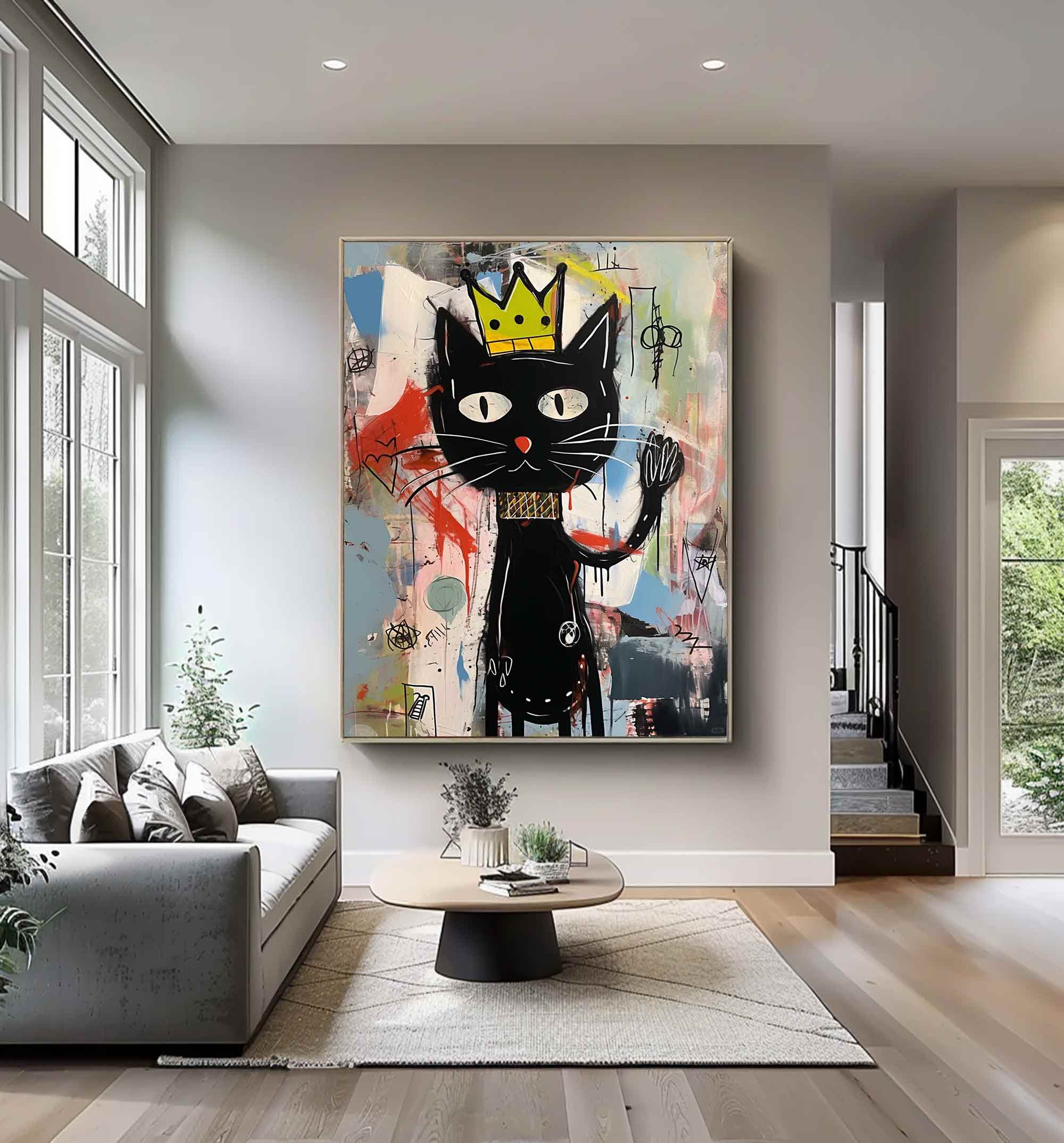Graffiti Black Cat Painting Colorful Pop Art Canvas,Street Art Cat Wall Decor