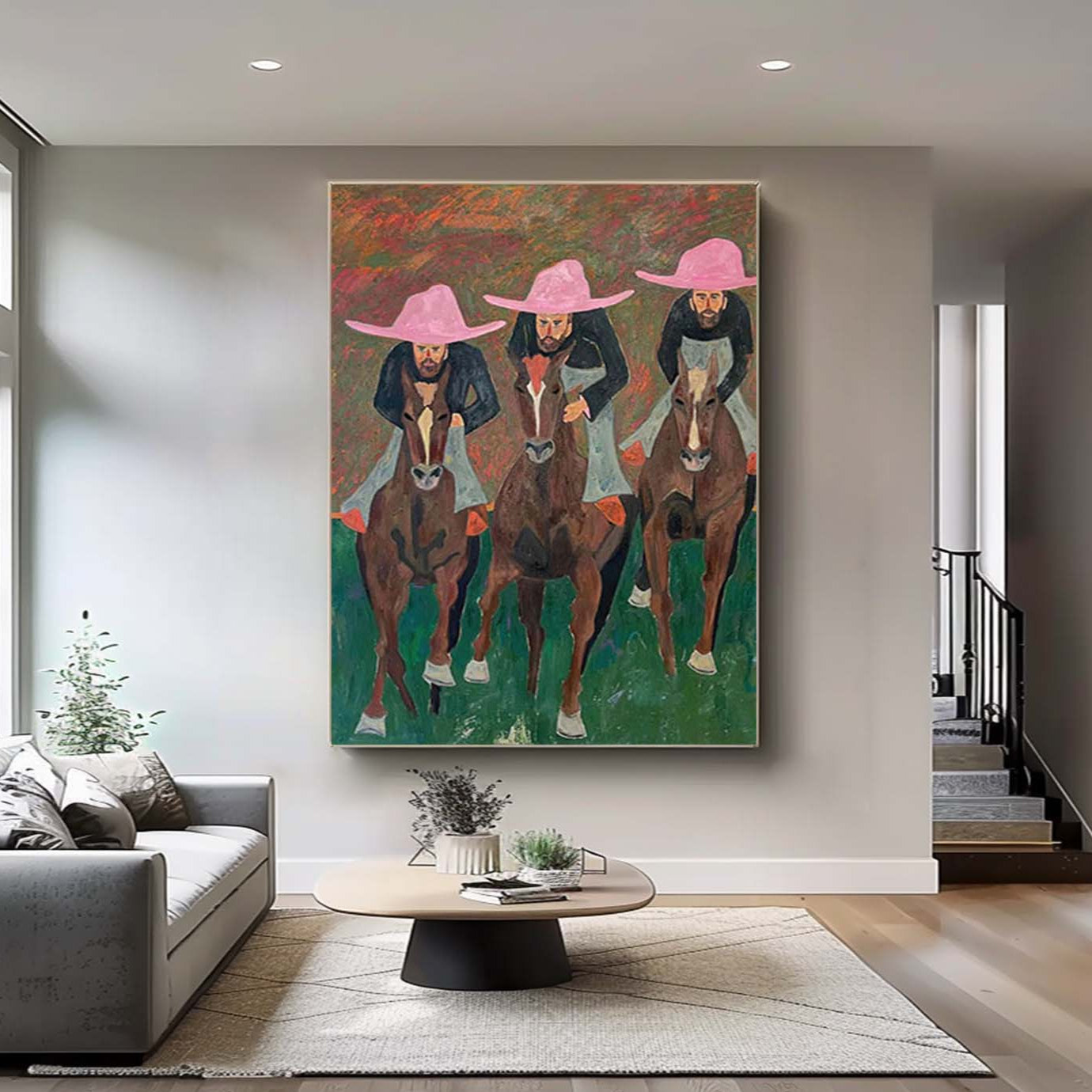 Pink hat man riding horse abstract painting pink hat man abstract art man riding horse abstract painting