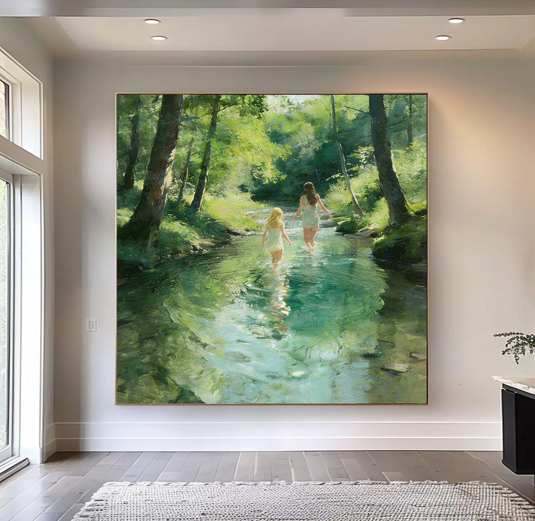 Large painting of two women walking through a forest stream in a modern room.