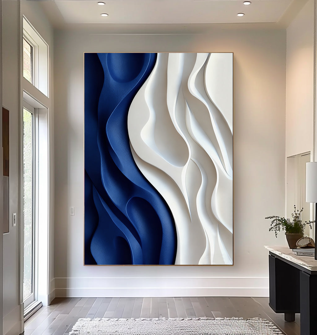 Blue 3D Textured Wall art Blue Sculptured art Painting Wood carving wall art