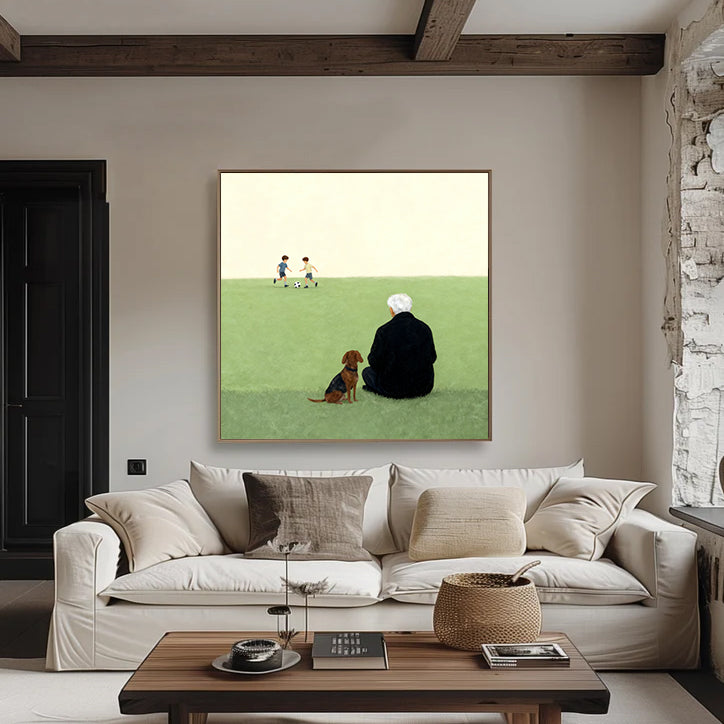 Elderly Man and Dog Oil Painting Nostalgic Senior & Pet Companion Wall Decor