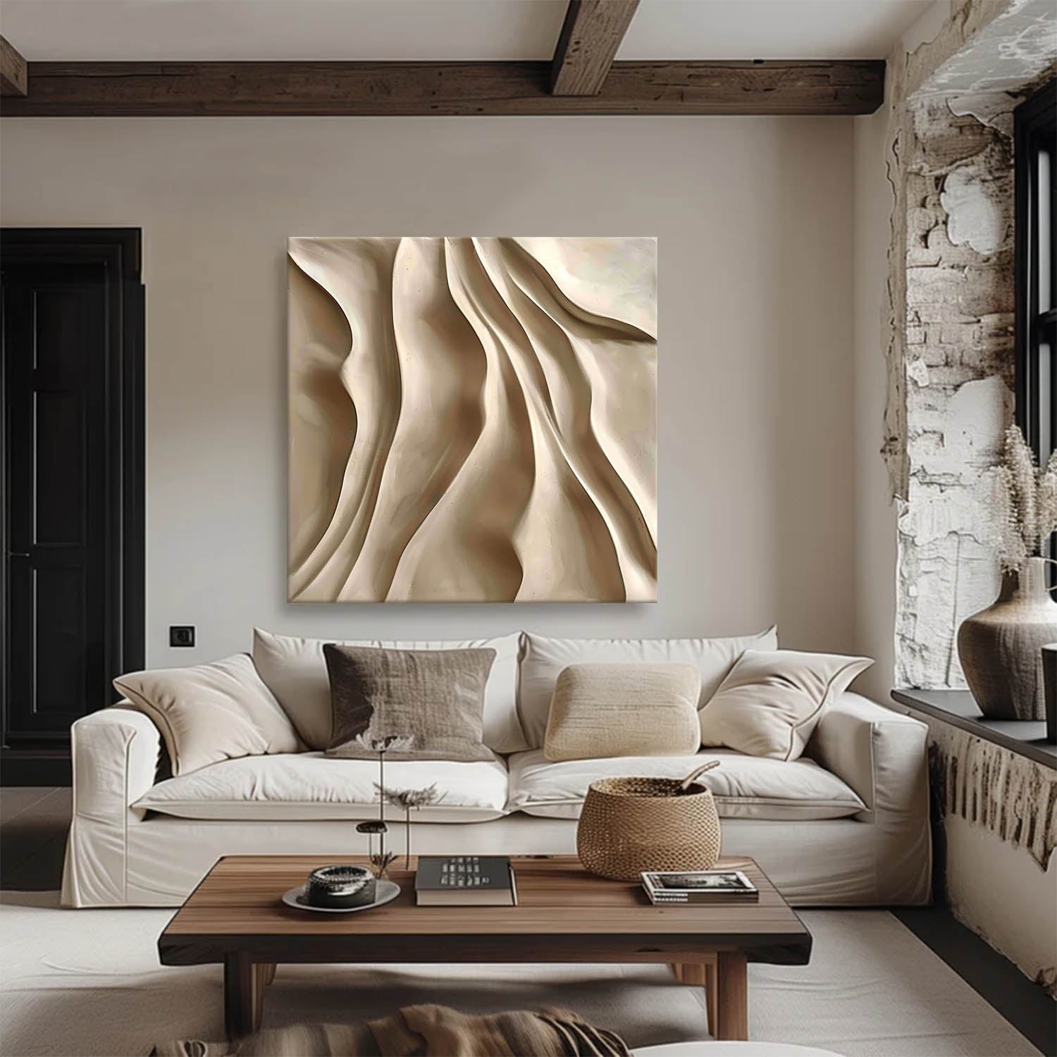 Beige Sculptured art Wood carving wall art Beige 3D Textured Wall Art