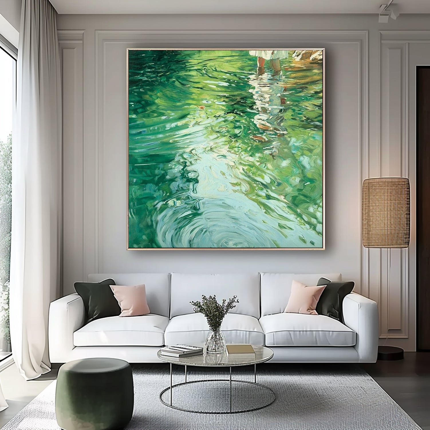 Oil painting of a girl on water, lakeside painting, green textured landscape art
