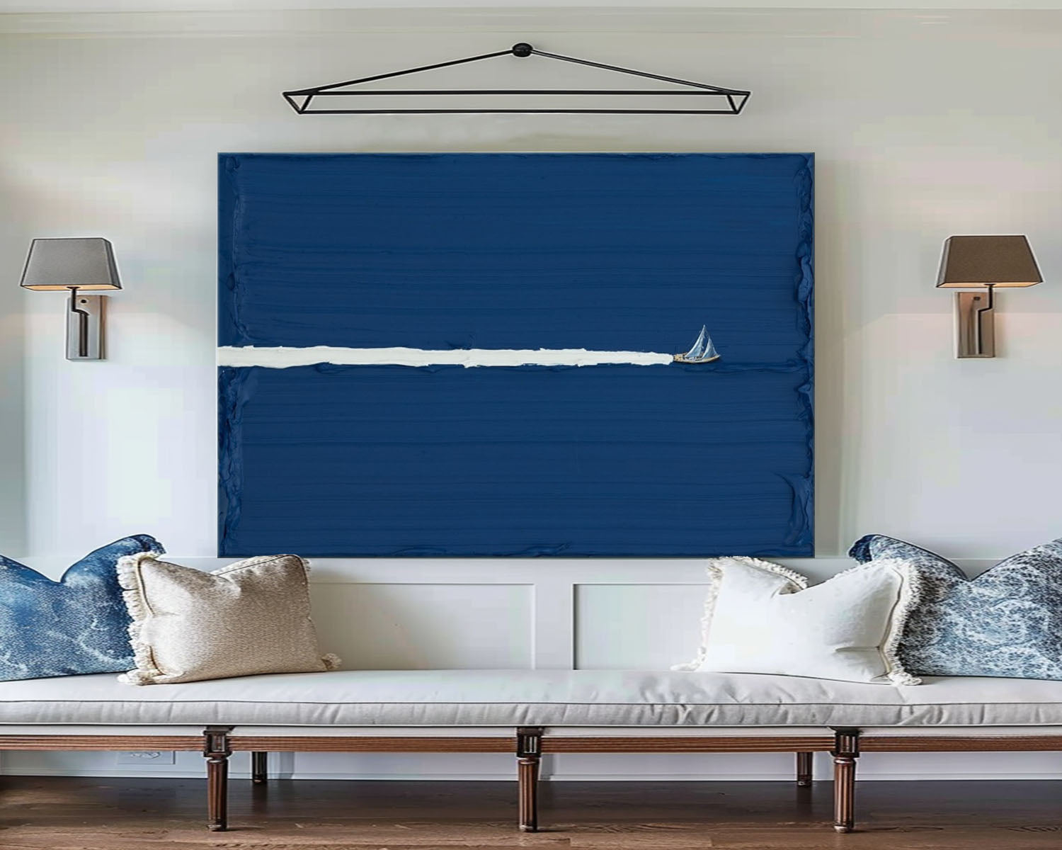 Large blue abstract art Abstract Blue Sailboat Wall Art Blue Sailboat Oil Painting on Canvas Blue Texture Art