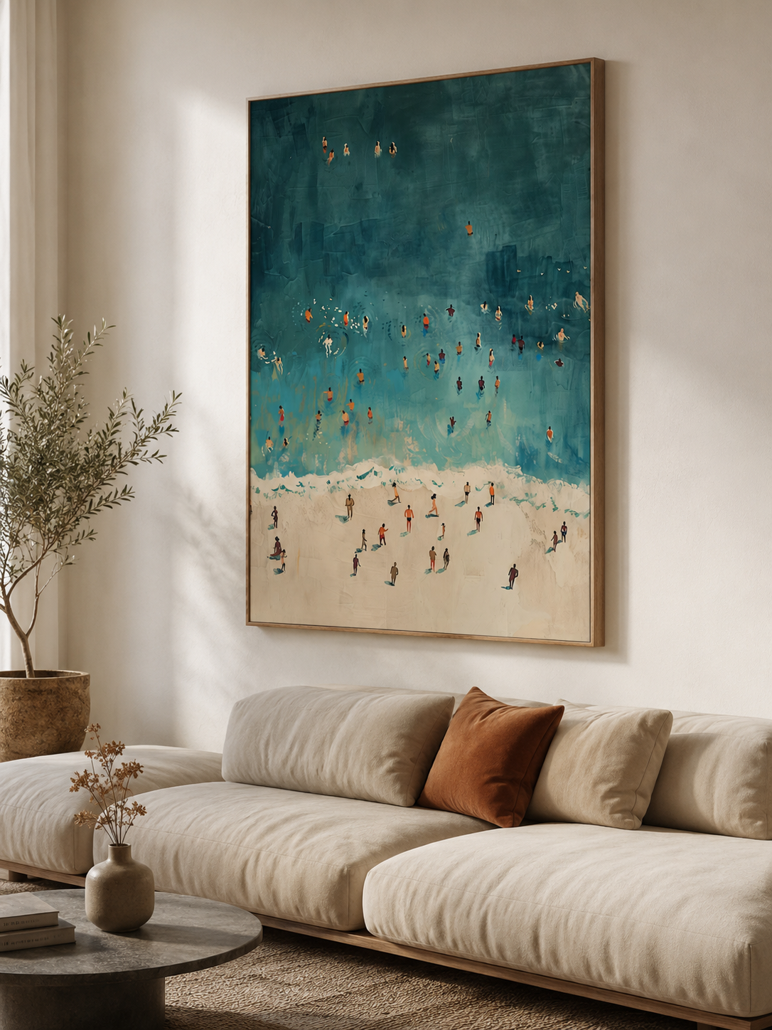 Retro Beach Painting With Minimalist Figures In Teal And Beige For Modern Living Room Wall Art