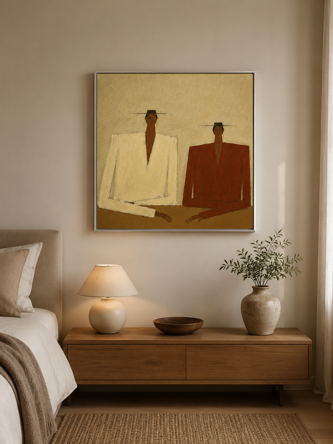 Abstract Geometric Figure Painting In Beige And Brown Tones With Textured Canvas For Modern Living Room Decor