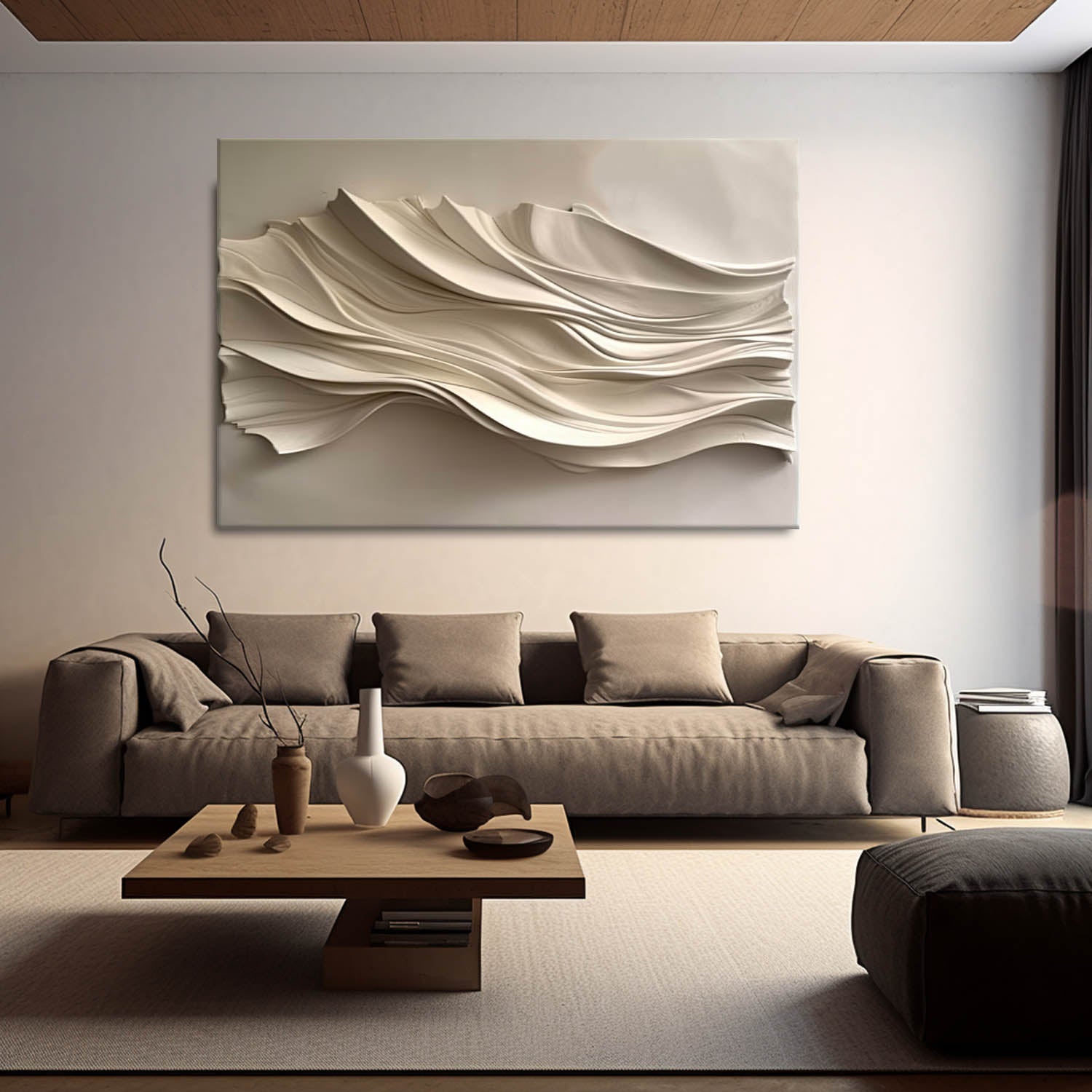 Beige Sculptured art Wood carving wall art Beige 3D Textured Wall Art
