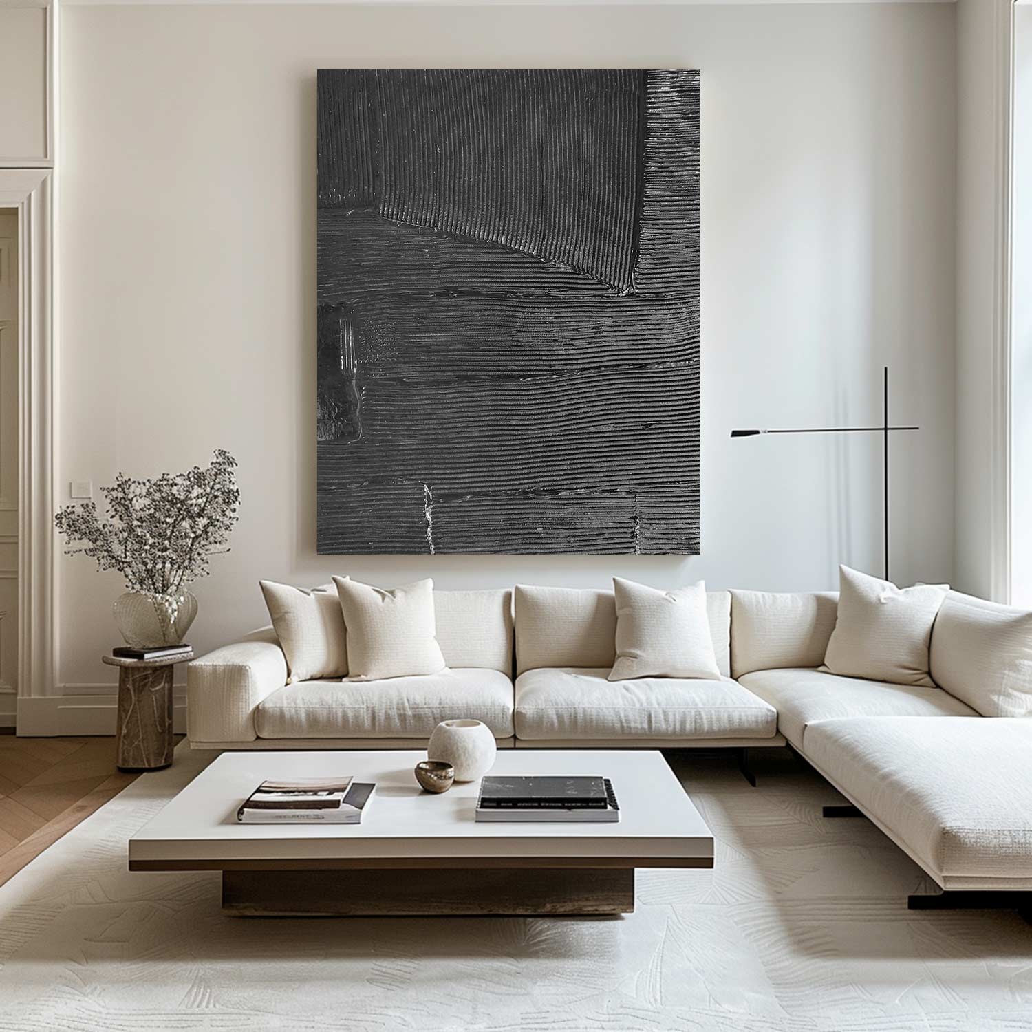 Large Black Abstract Painting Black wall art Black plaster art Black textured wall art