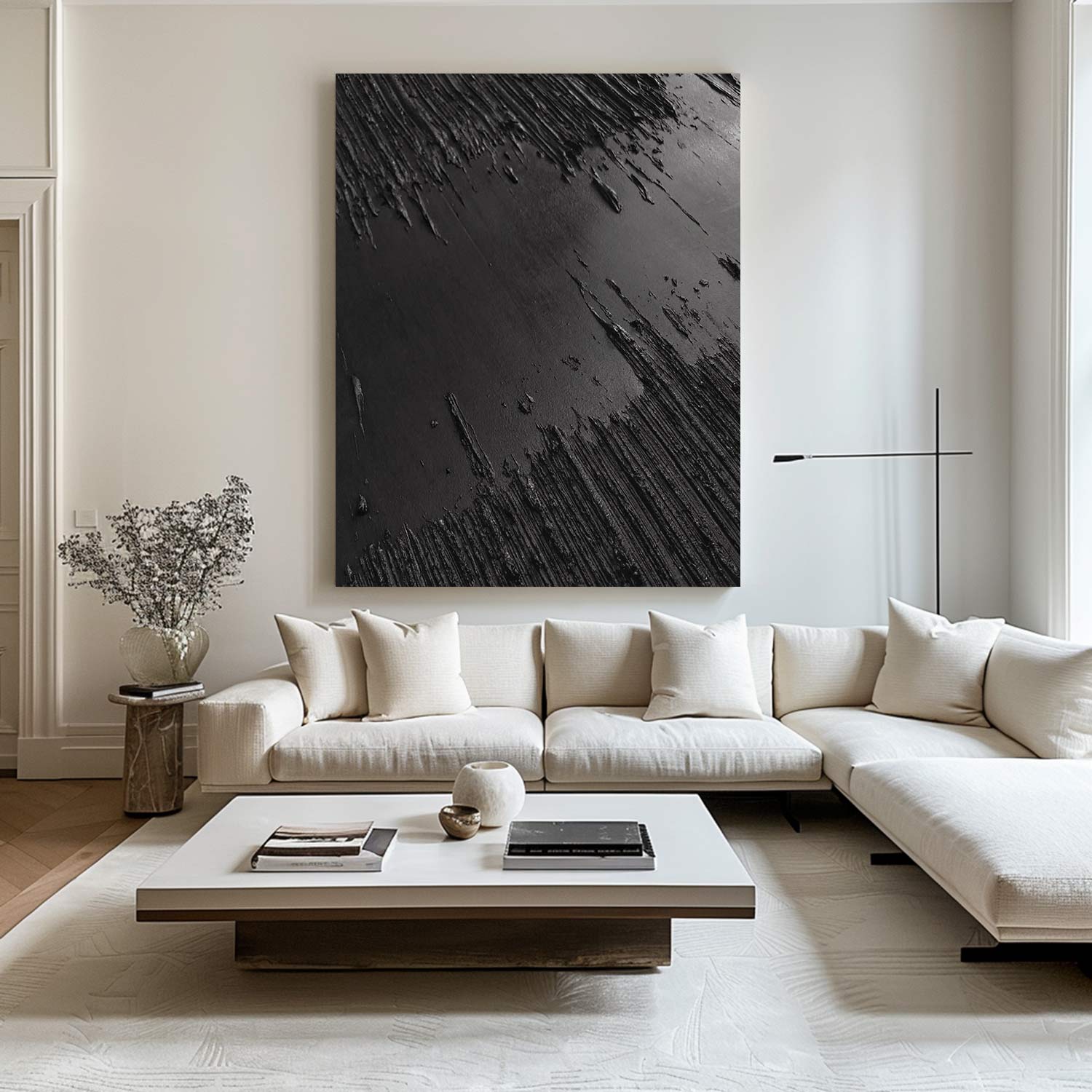 Large Black Abstract Painting Black wall art Black plaster art Black textured wall art