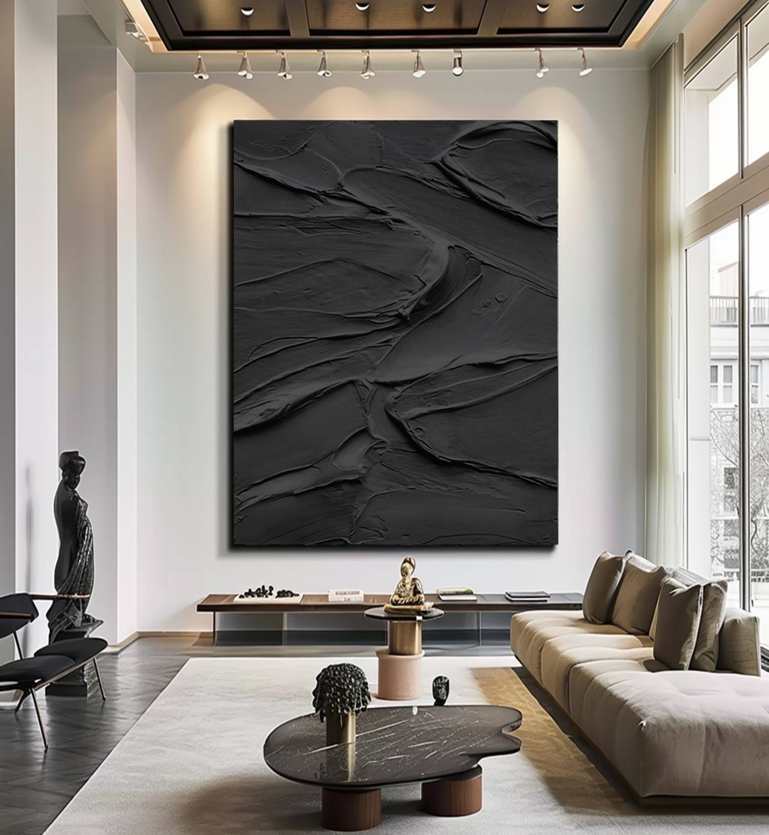 Black 3D Textured Painting Black 3D Minimalist Painting Large Black Abstract Painting