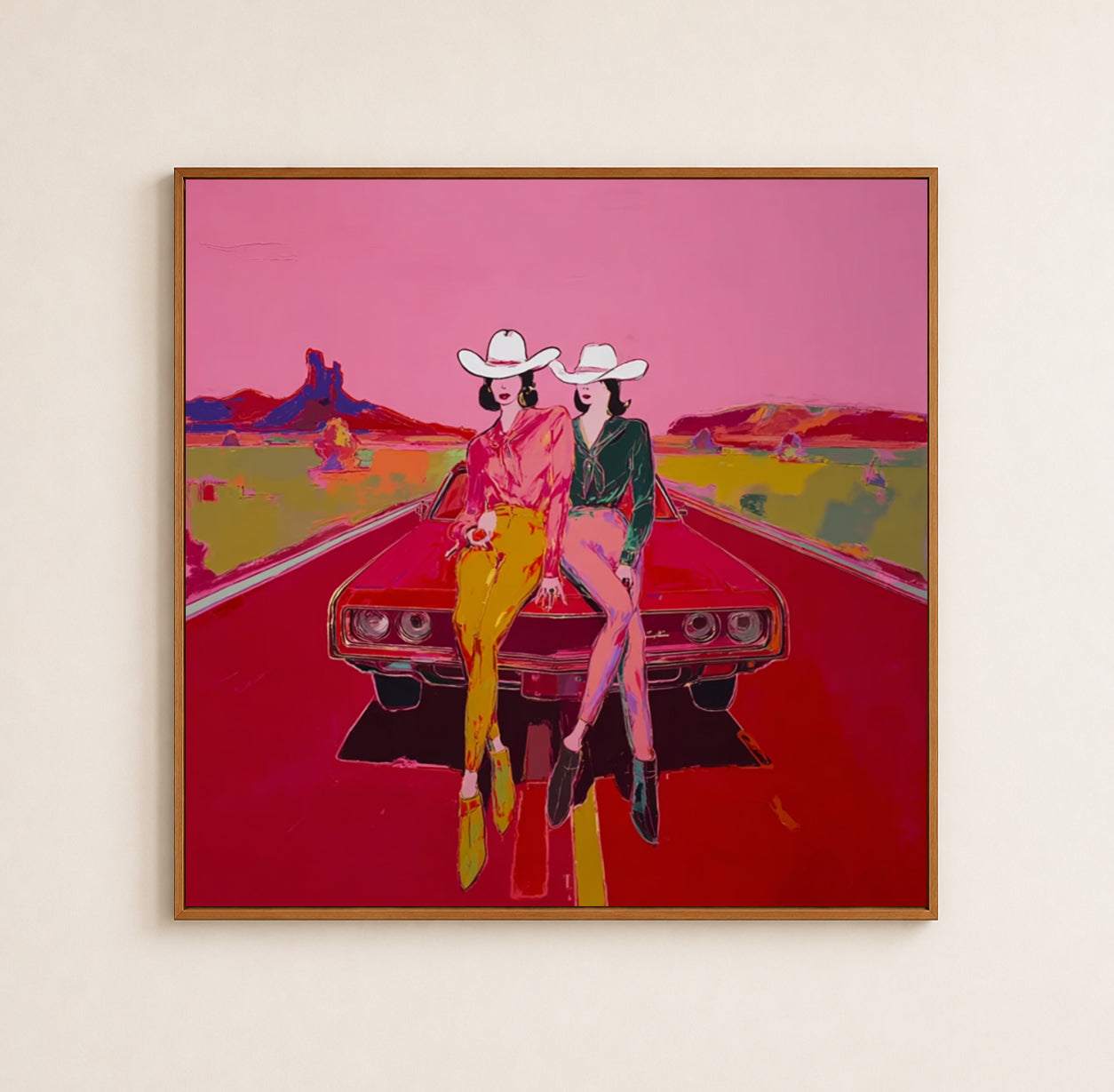 Vibrant Pink Cowgirl Pop Art Painting On Canvas For Modern Western Home Decor