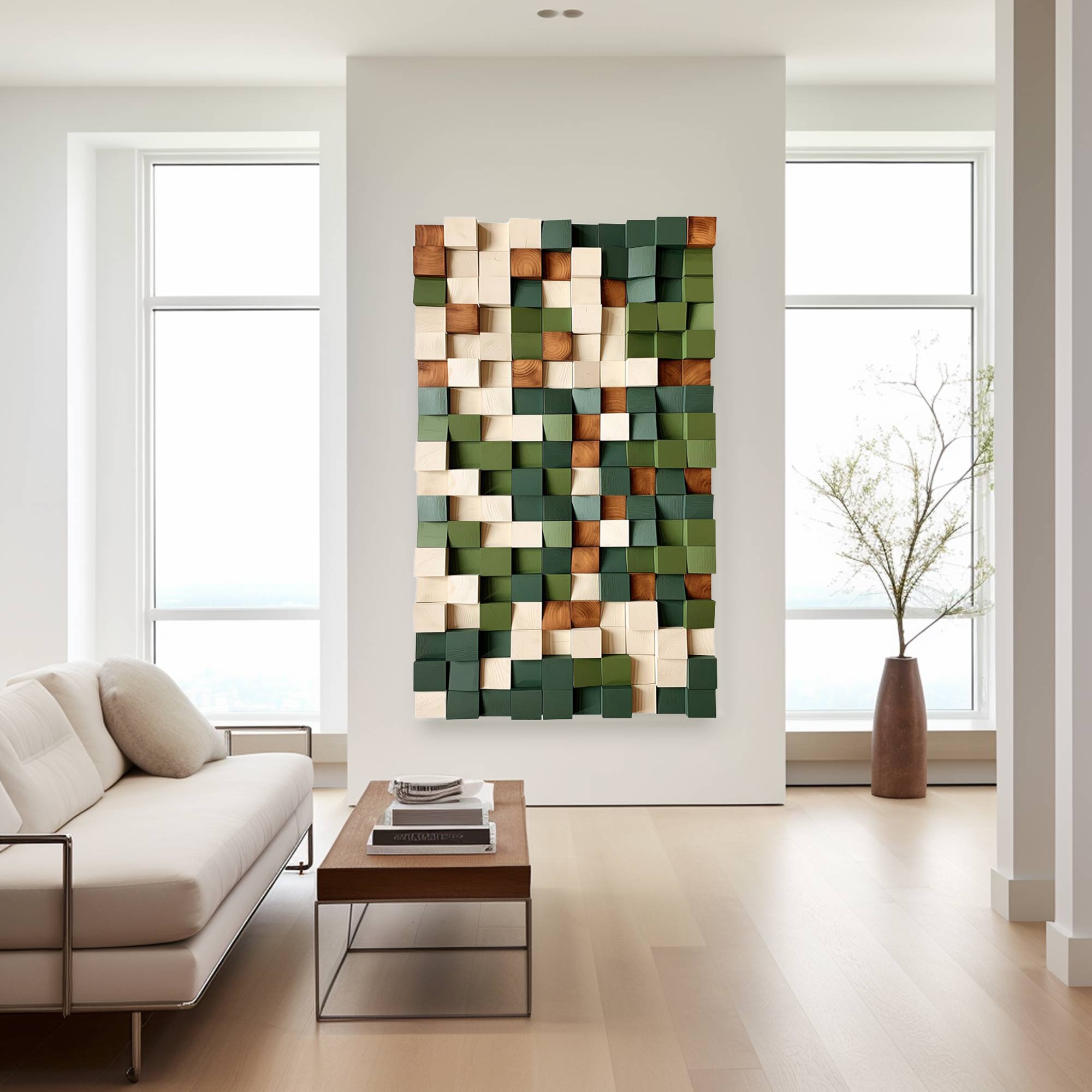 Green Geometric Wood Decor Art Textured Wall Sculpture Decor Painting
