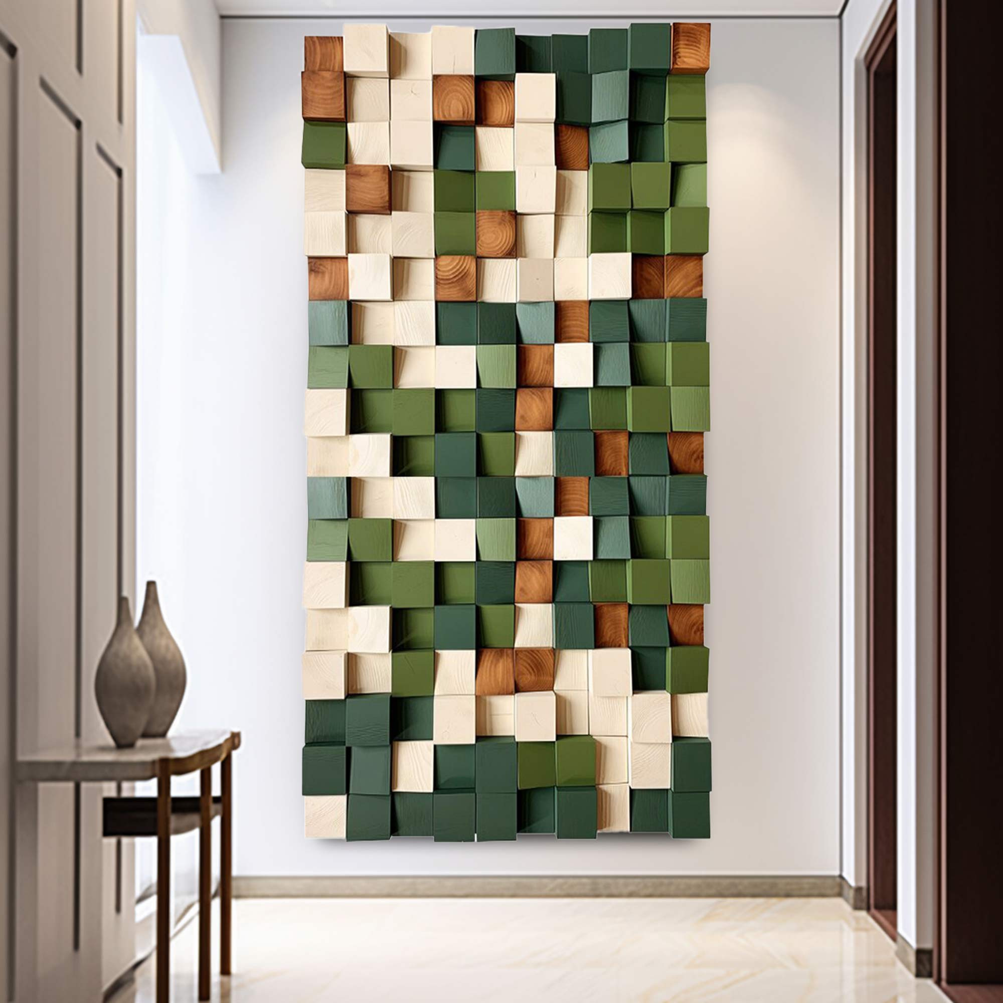 Green Geometric Wood Decor Art Textured Wall Sculpture Decor Painting