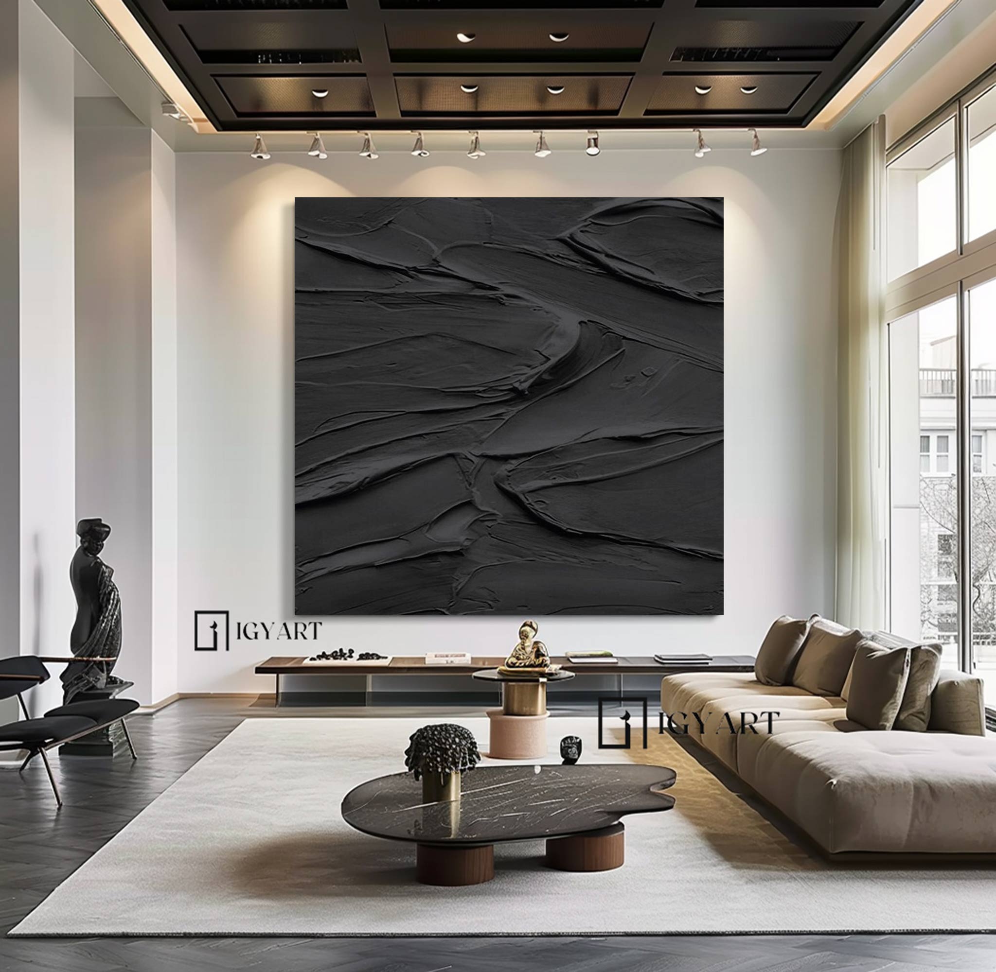 Black 3D Textured Painting Black Textured wall art Large Black Abstract Painting