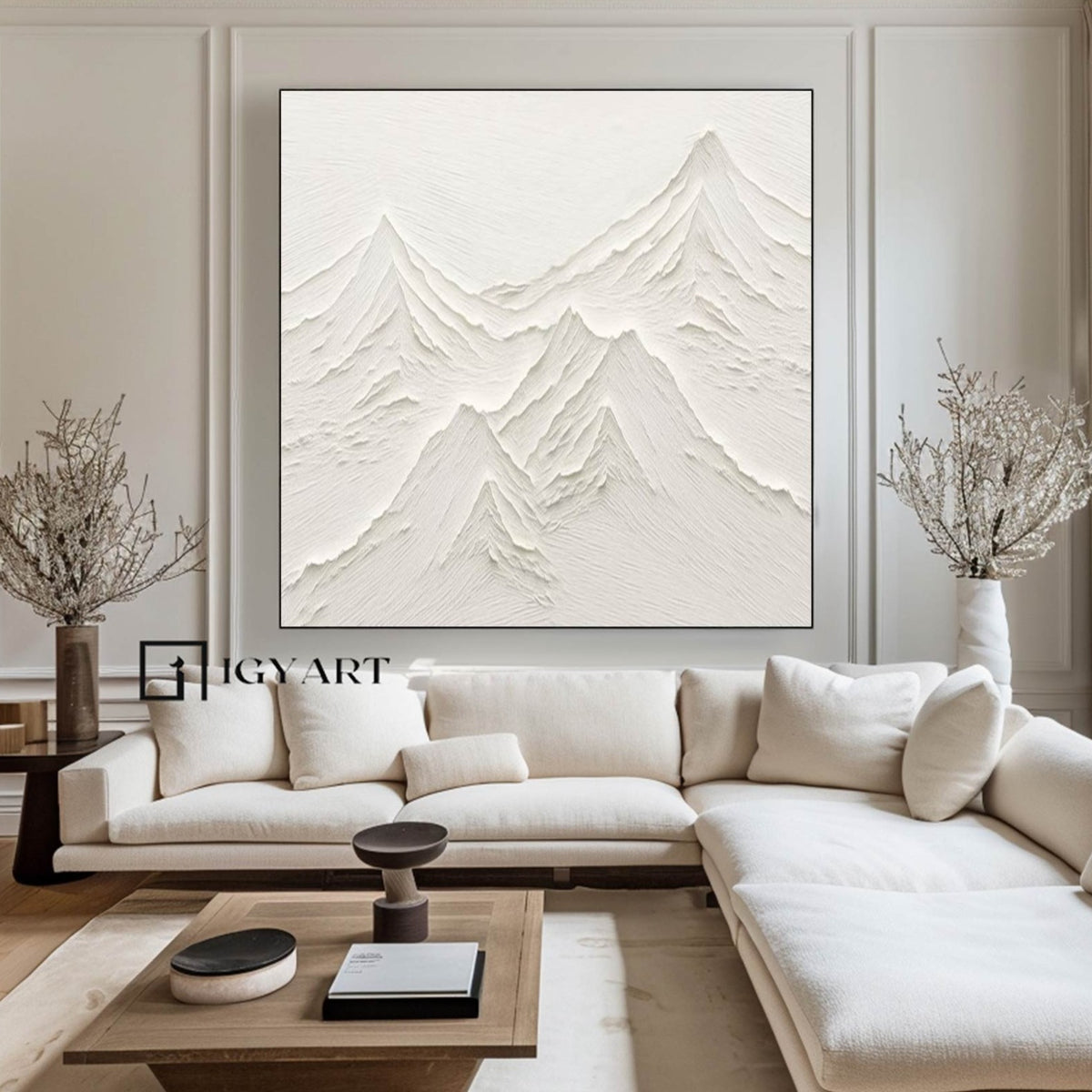Snow-capped mountain painting white wall art white 3D Textured art ...