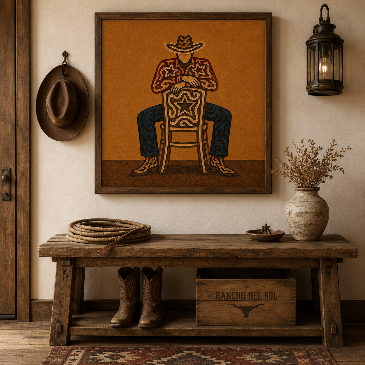 Cowboy Sitting On Chair Art, Bold Western Wall Decor, Minimalist Cowboy Painting, Warm Tone Western Art