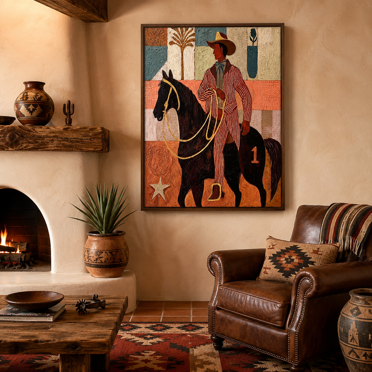 Vintage Cowboy Painting On Horse With Textured Canvas For Western Home Decor