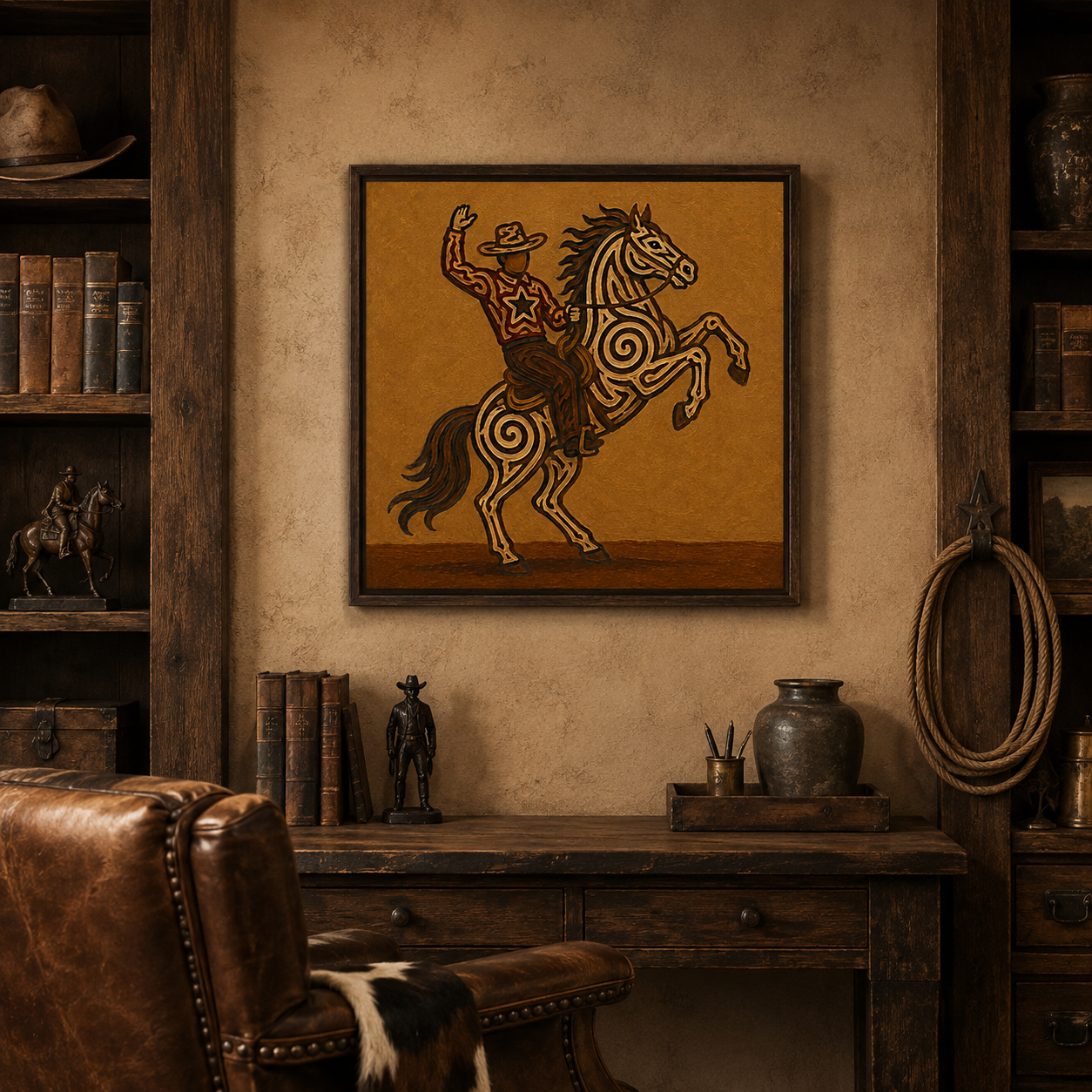 Rearing Horse And Cowboy Art, Wild West Cowboy Riding Painting, Bucking Horse Wall Decor, Dynamic Western Canvas