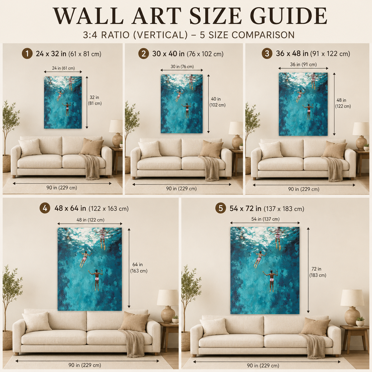 Large Blue Ocean Painting For Coastal Living Room With Figurative Swimmers And Textured Waves