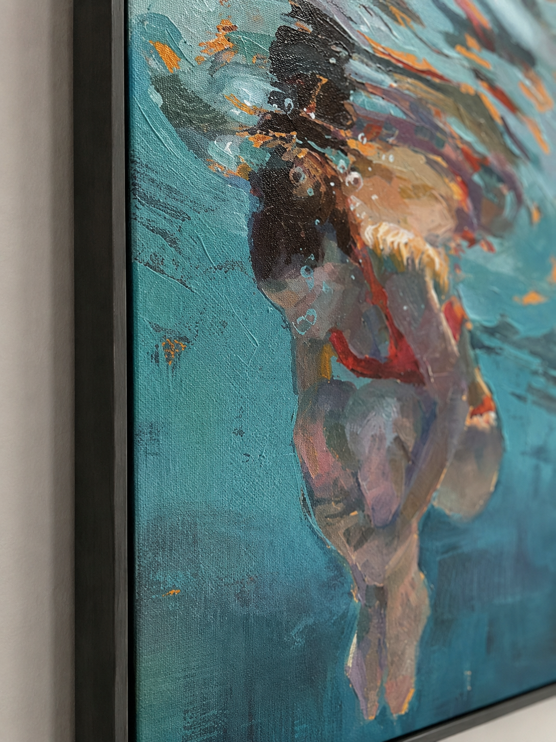 Modern Feminist Underwater Figure Painting With Red Swimsuit Expressive Oil Art For Living Room Decor