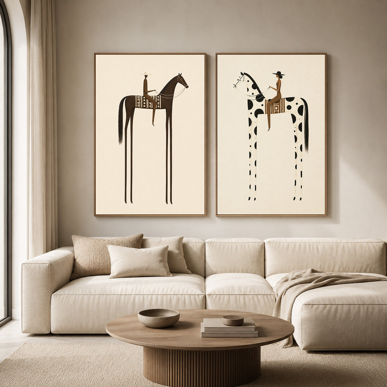 Modern Minimalist Horse Painting Set Beige And Brown Abstract Animal Art For Living Room