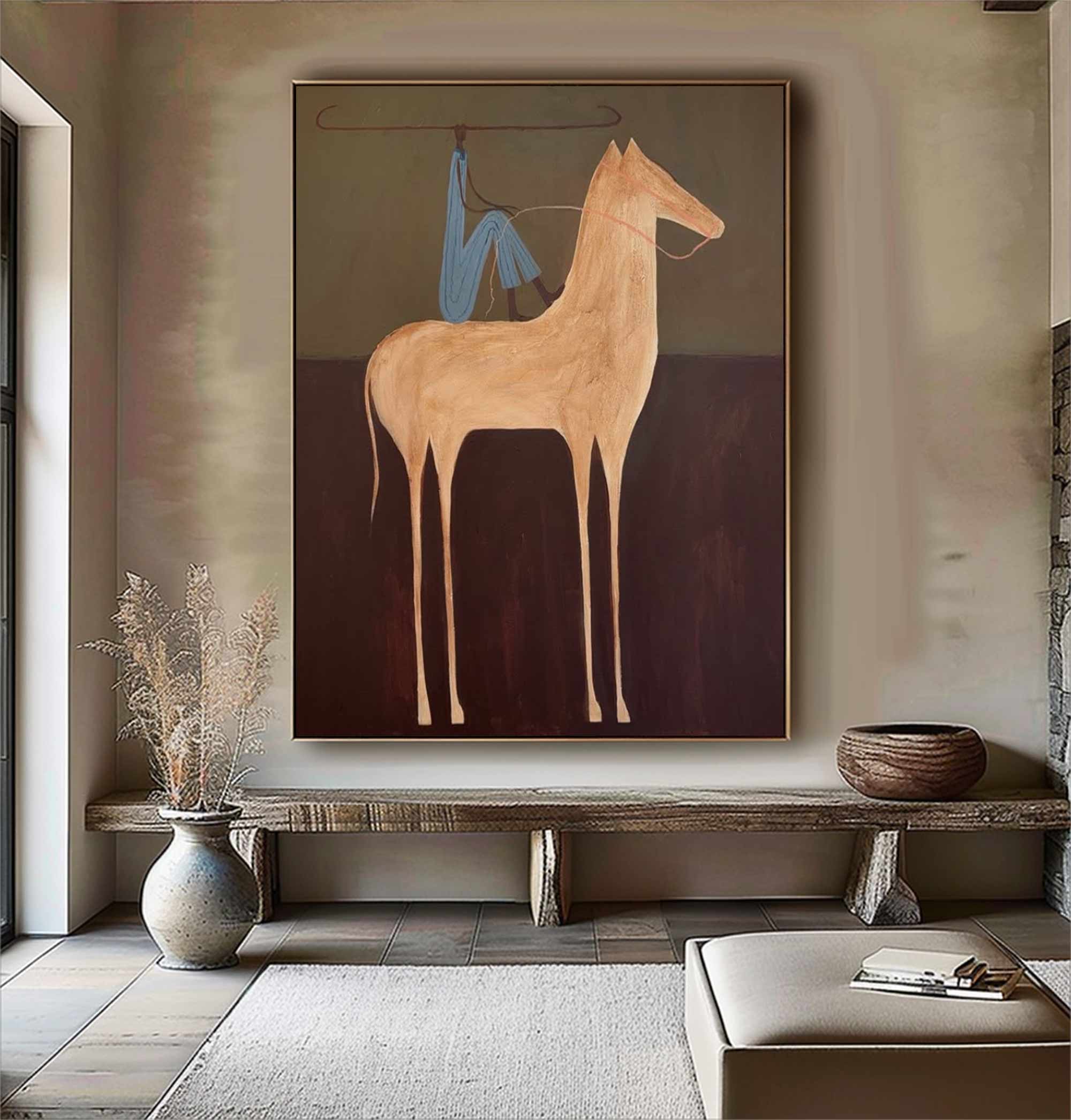 Surreal Horse & Rider Art Painting Quirky Equestrian Painting Horse Rider Art