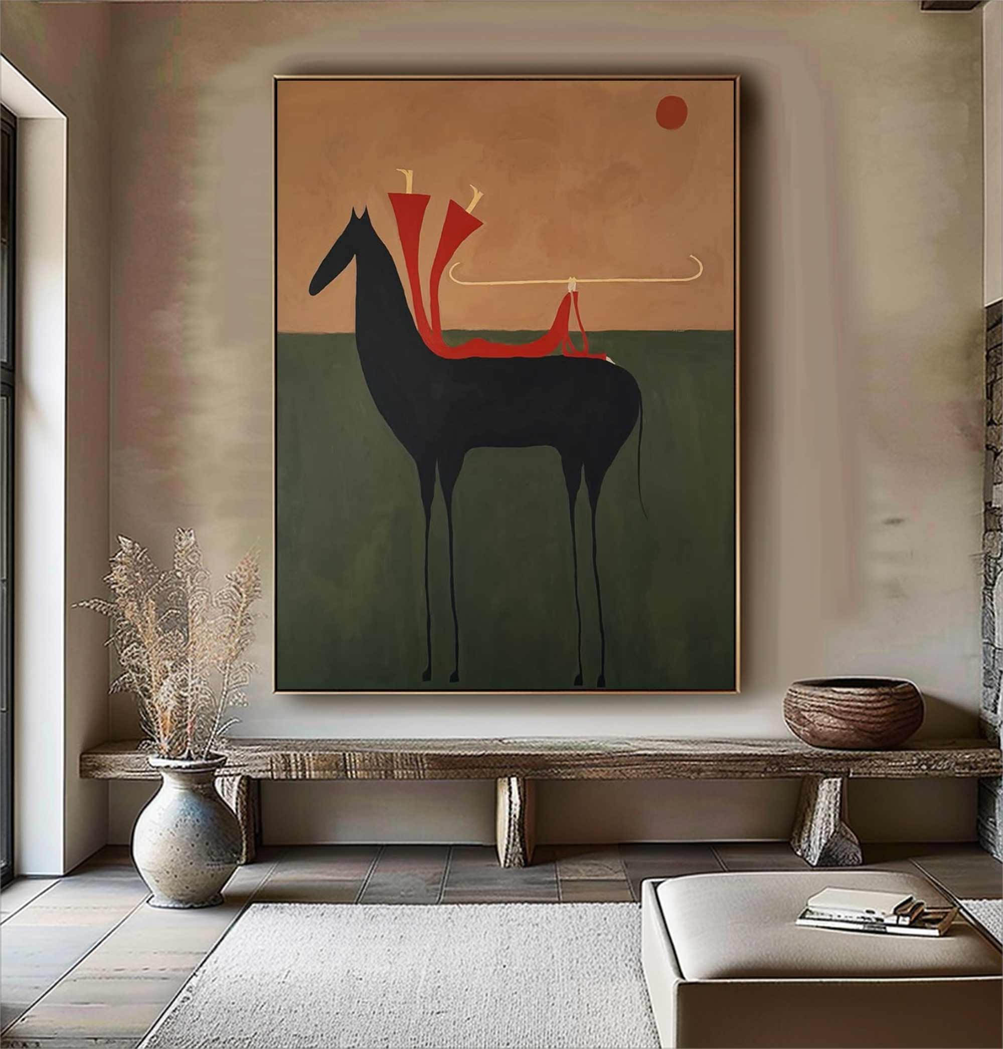 Surreal Horse & Rider Art Painting Whimsical Folk Art Wall Decor Quirky Equestrian Painting