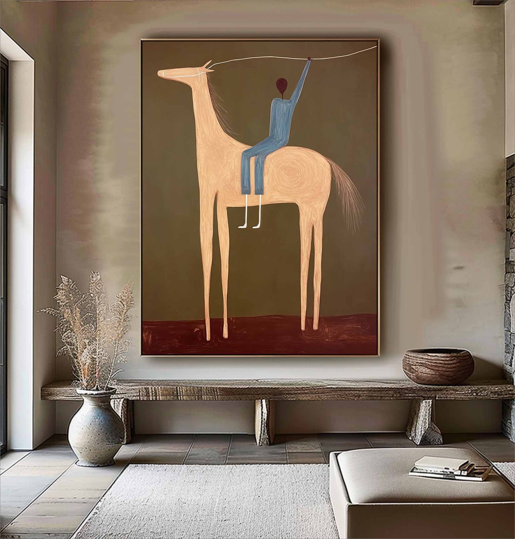Surreal Horse Art Painting Figure & Horse Painting Modern Folk Art Horse & Rider
