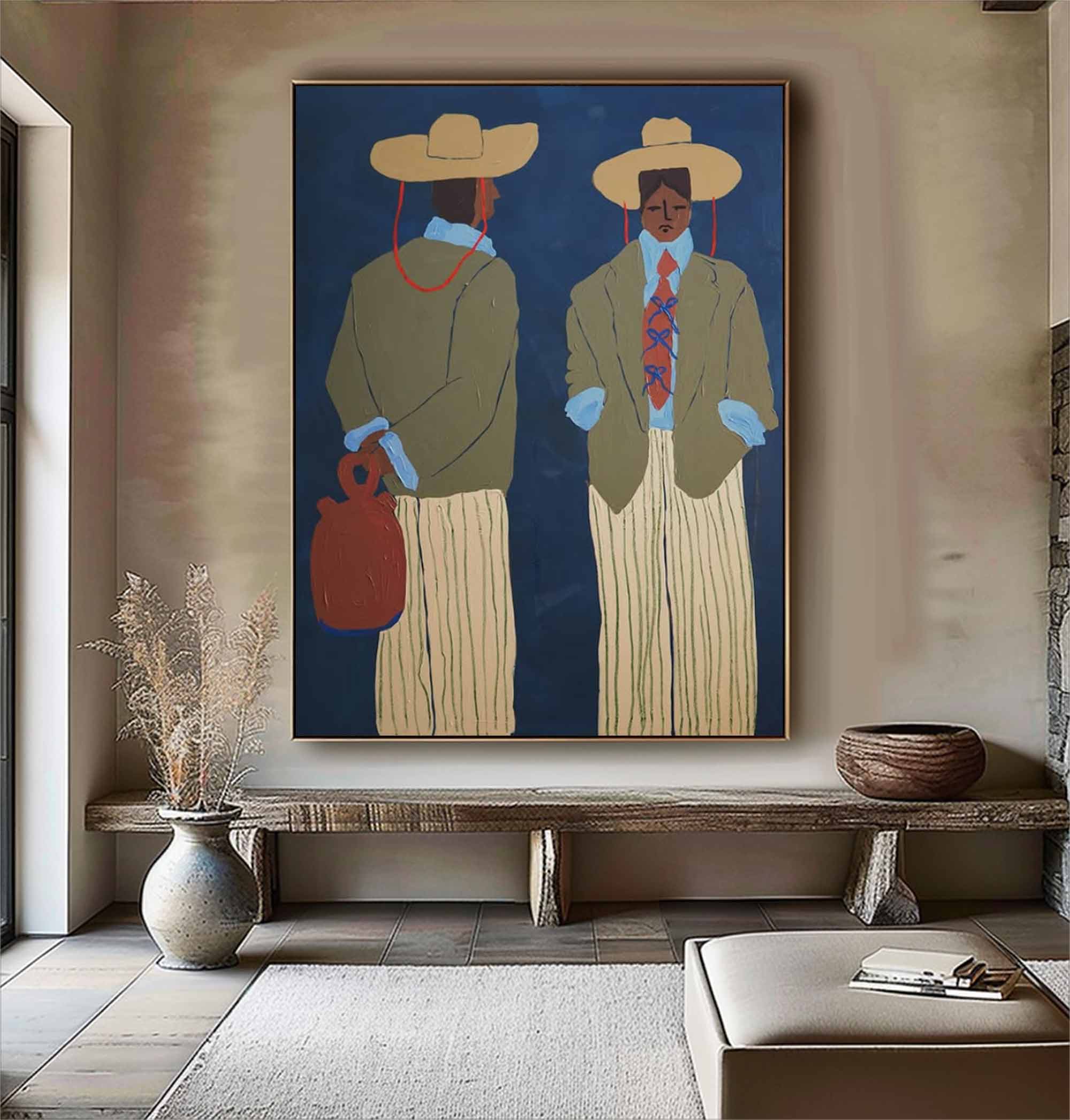 contemporary folk style male figure duo art Vintage Fashion Art Painting