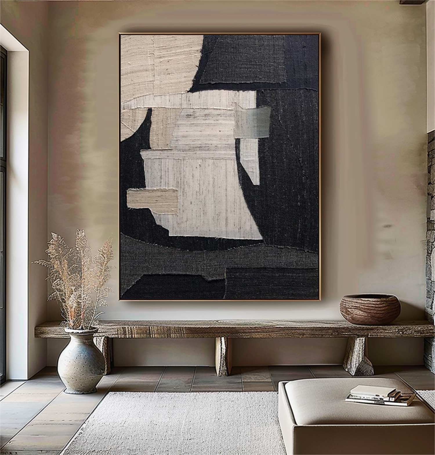 Large Black and Beige Textured wall art Black and Beige abstract art