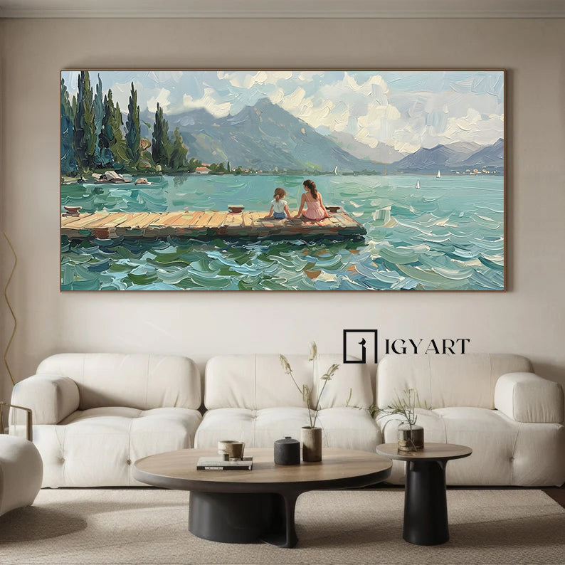 green Horizontal abstract painting two girls Summer lakeside landscape art