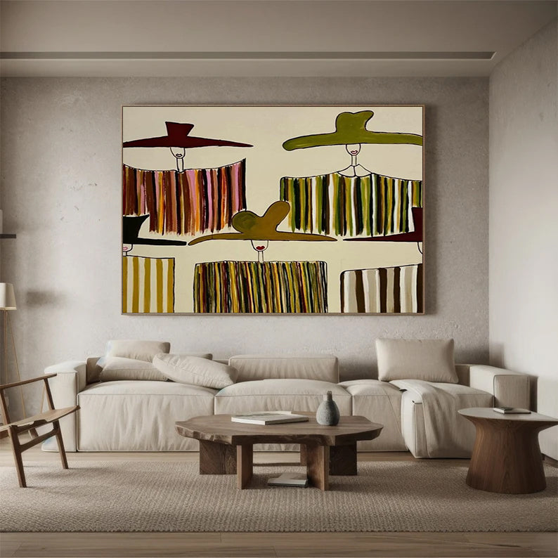 Hand-painted textured women in hats painting Minimalist olive green abstract figurative art