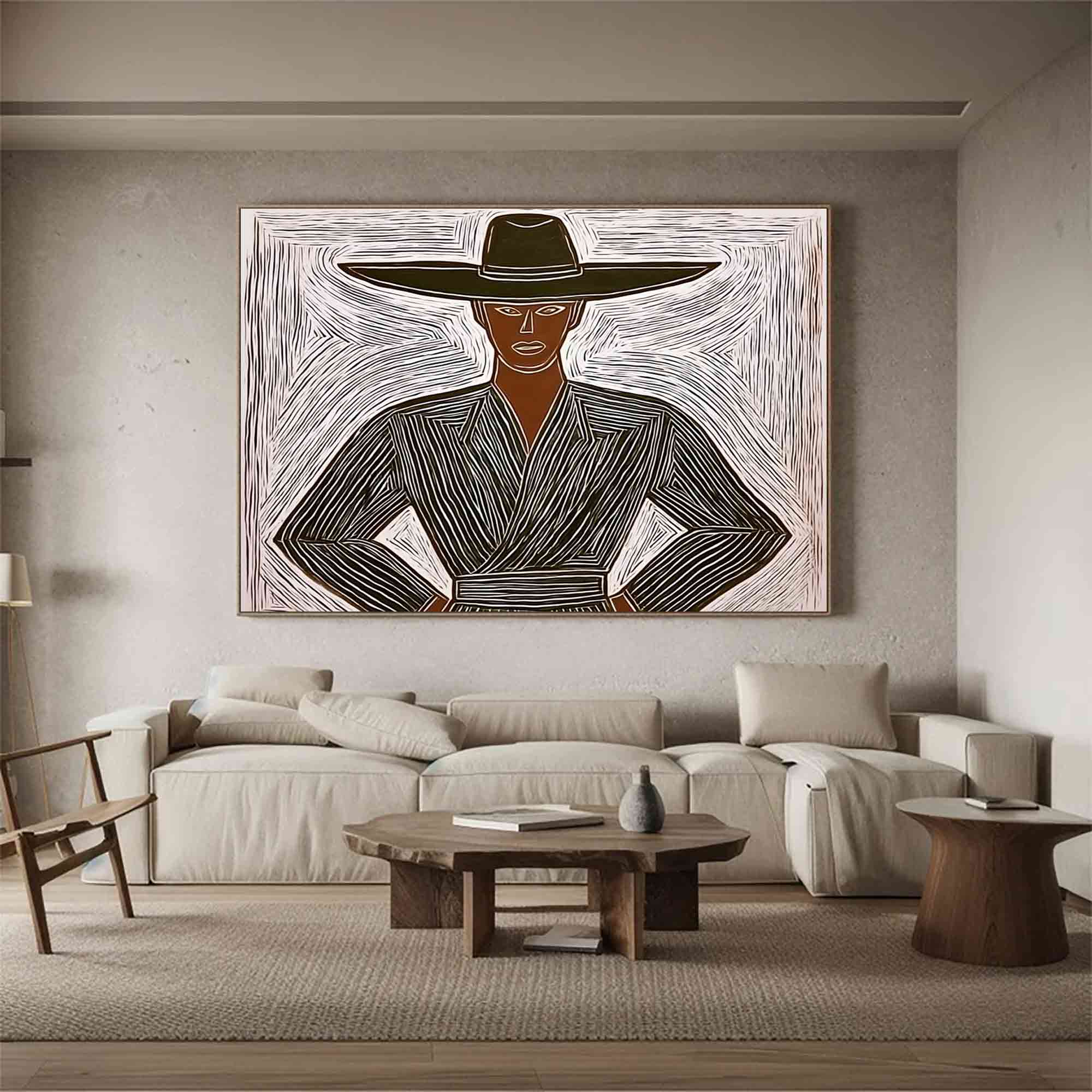 Abstract cowboy wall art Large Minimalist character abstract painting