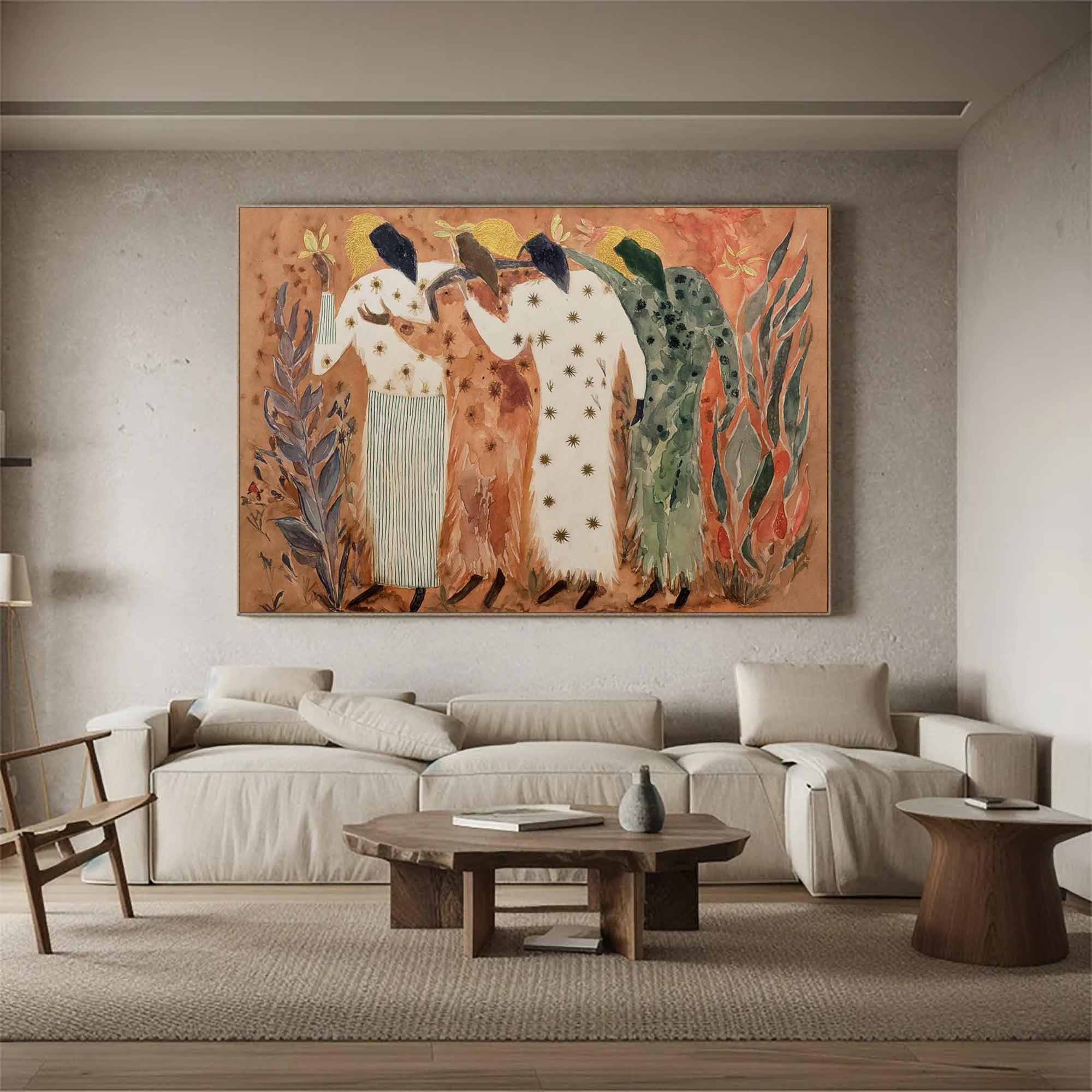 Modern style watercolor art Primitive style figure art Folk art figurative painting