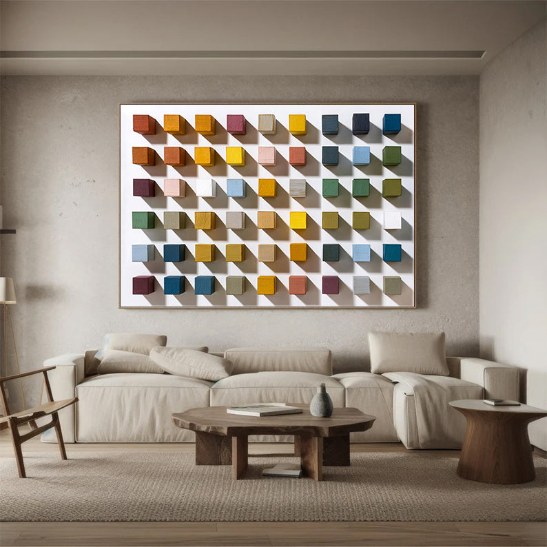 Colorful Geometric Wood Wall Art Hand-painted Wood Blocks Home Decor